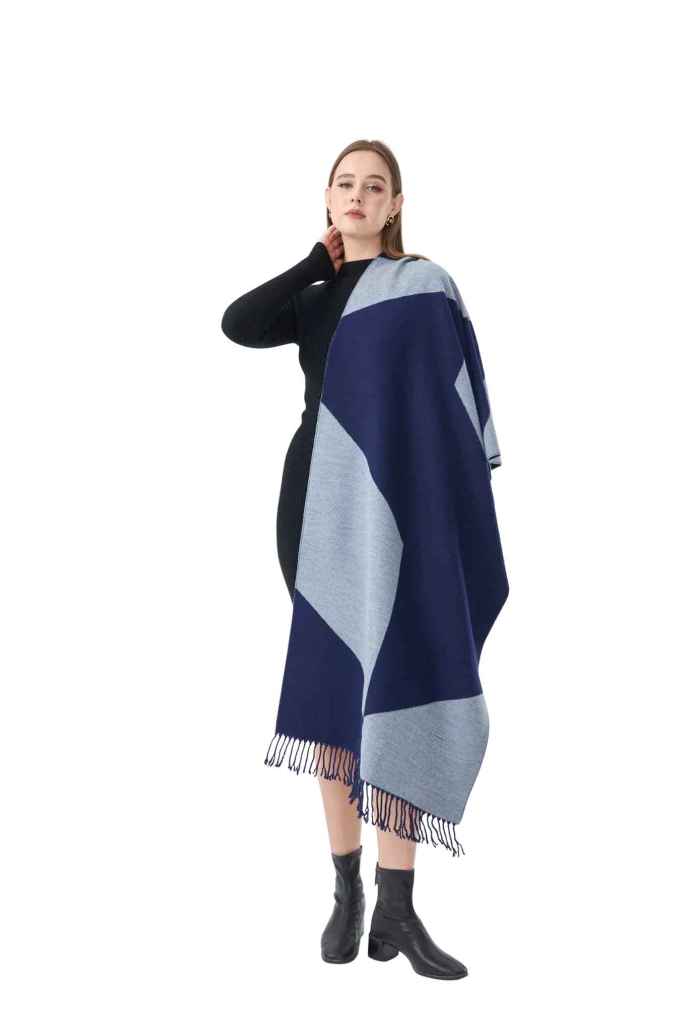 Two-Tone Stripe Cashmere Wrap – Navy Blue