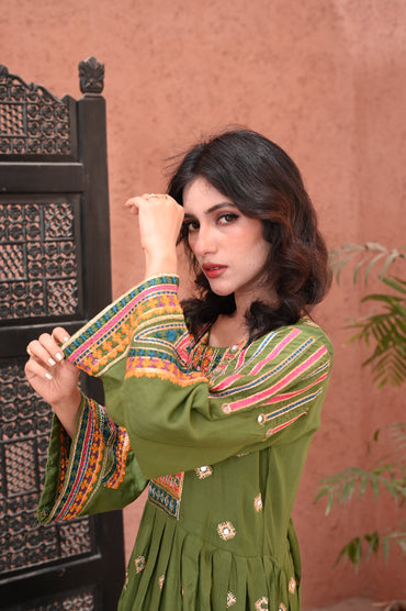 "3-Peace  – Embroidered Dhanak Anarkali with Mirror Work Ready to Wear With Machine Embroidery