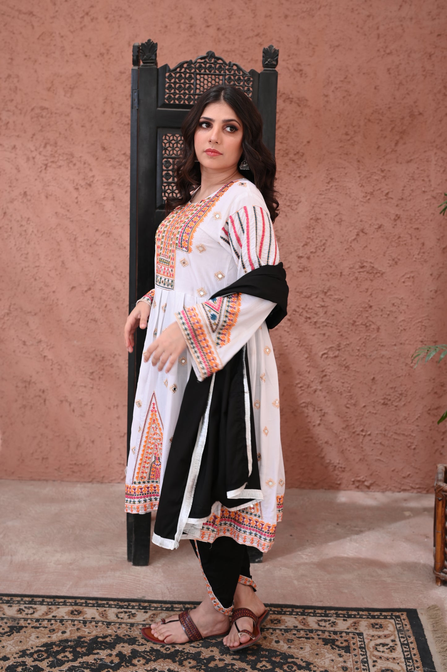 3-Piece Anarkali Set in White – Mirror & Dhanak Embroidered Work Ready to Wear With Machine Embroidery