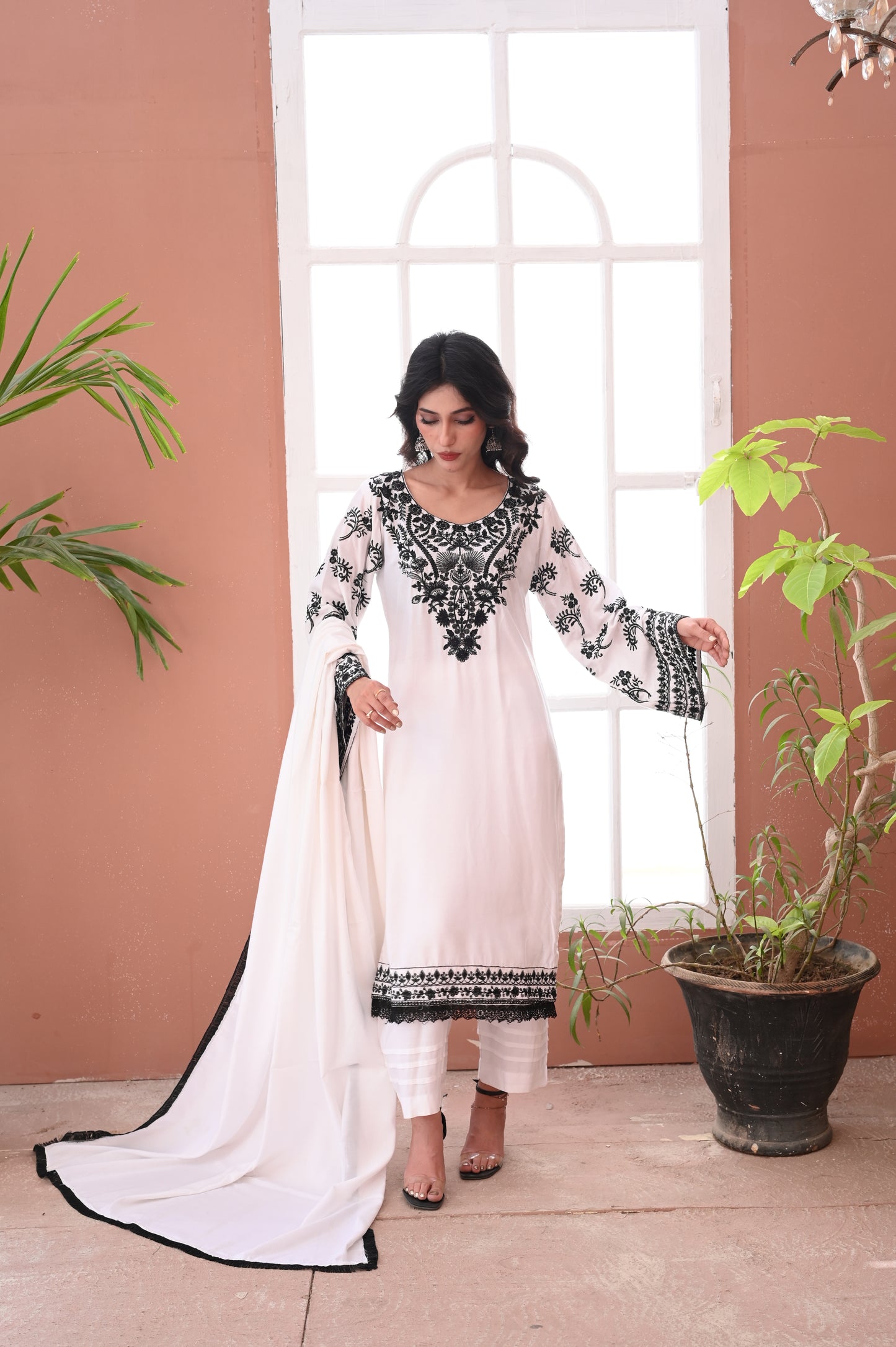 3-PC Stitched White Suit With Black Embroidered Dhanak Suit Ready to Wear With Machine Embroidery