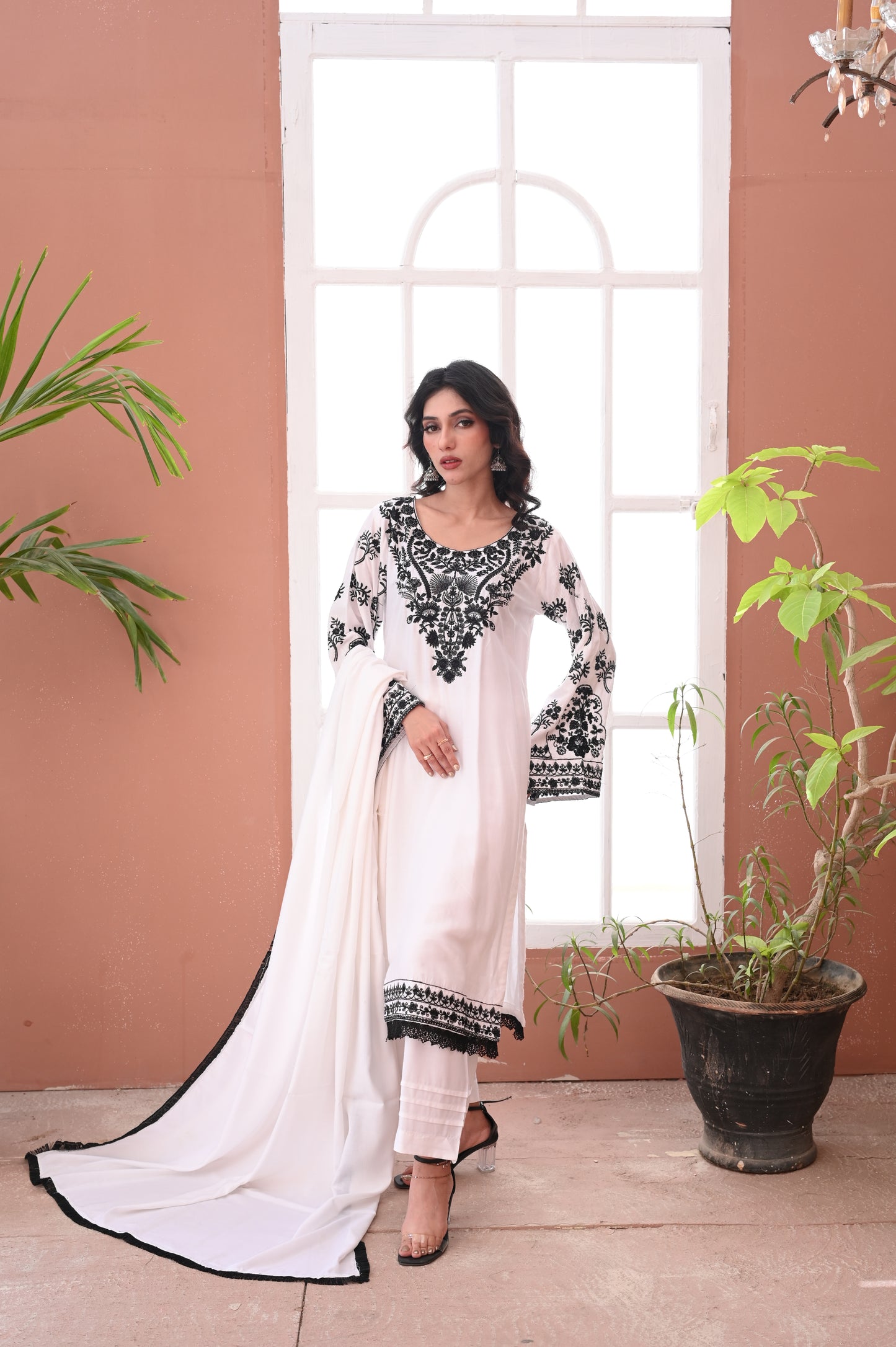 3-PC Stitched White Suit With Black Embroidered Dhanak Suit Ready to Wear With Machine Embroidery
