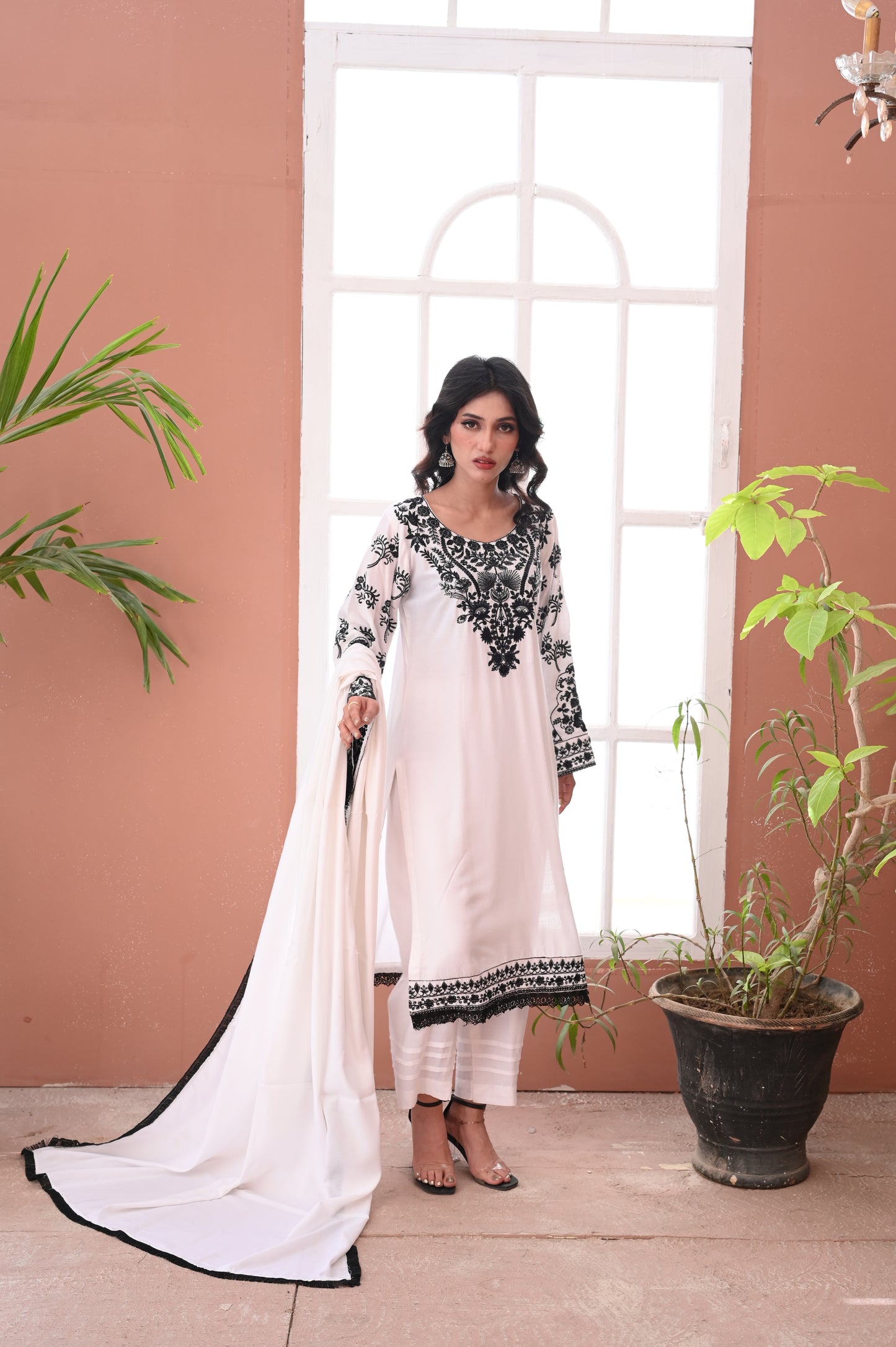 3-PC Stitched White Suit With Black Embroidered Dhanak Suit Ready to Wear With Machine Embroidery