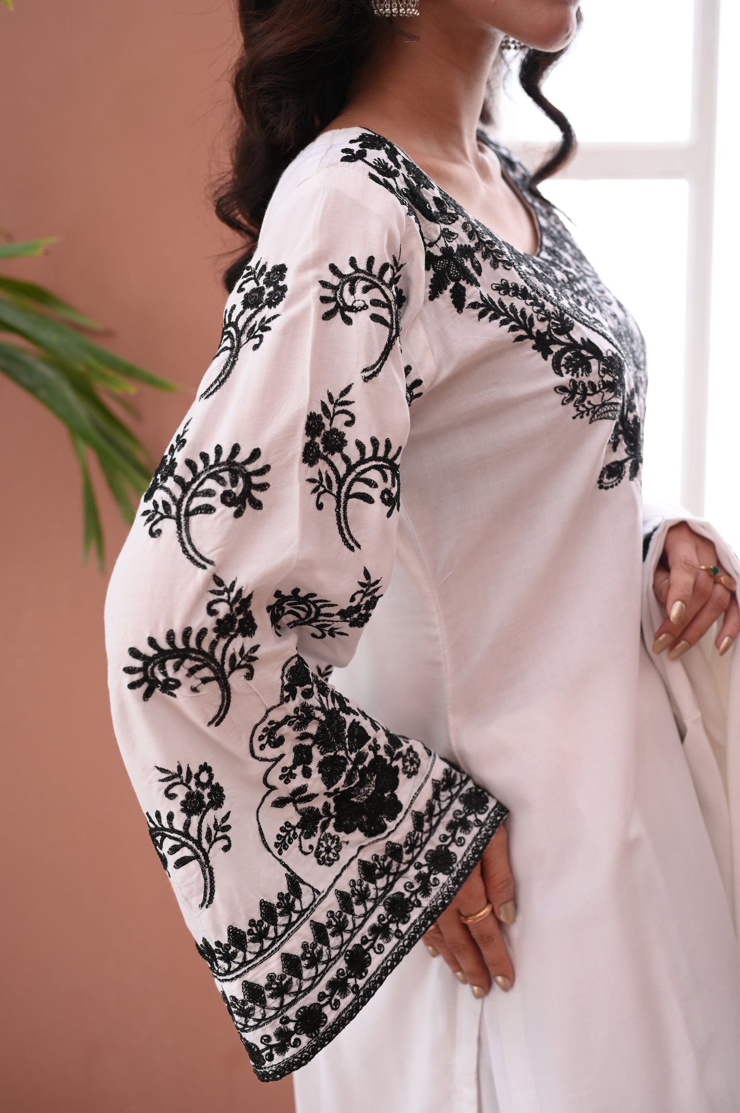 3-PC Stitched White Suit With Black Embroidered Dhanak Suit Ready to Wear With Machine Embroidery