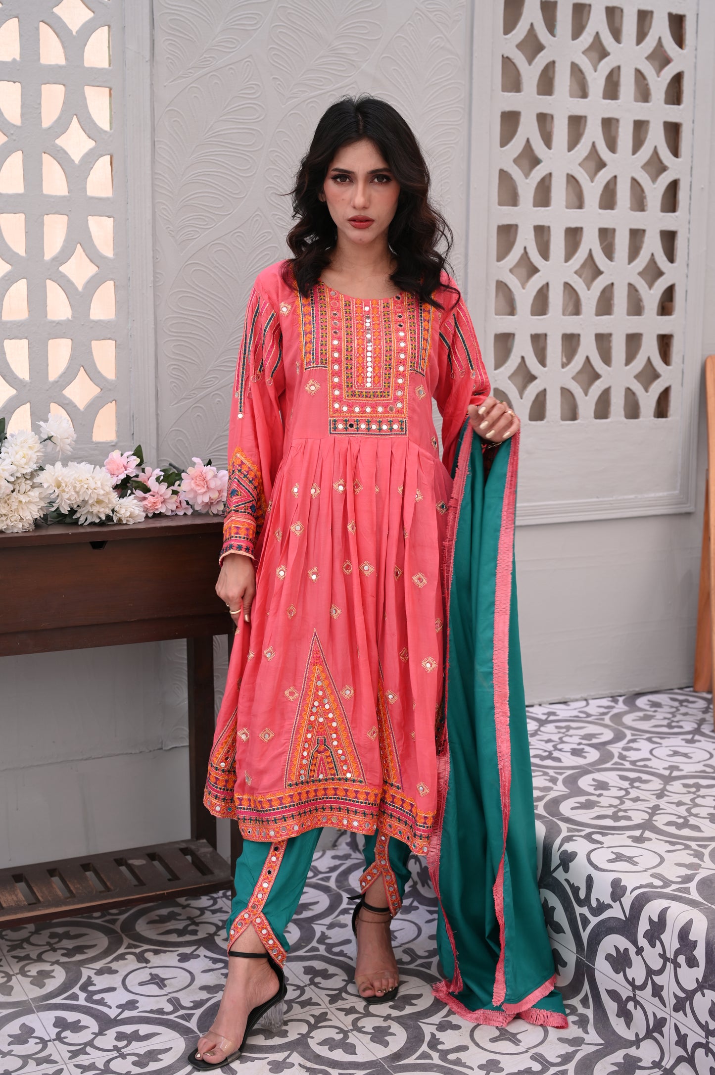 3-Piece Anarkali Set in Pink – Ready to Wear With Machine Embroidery