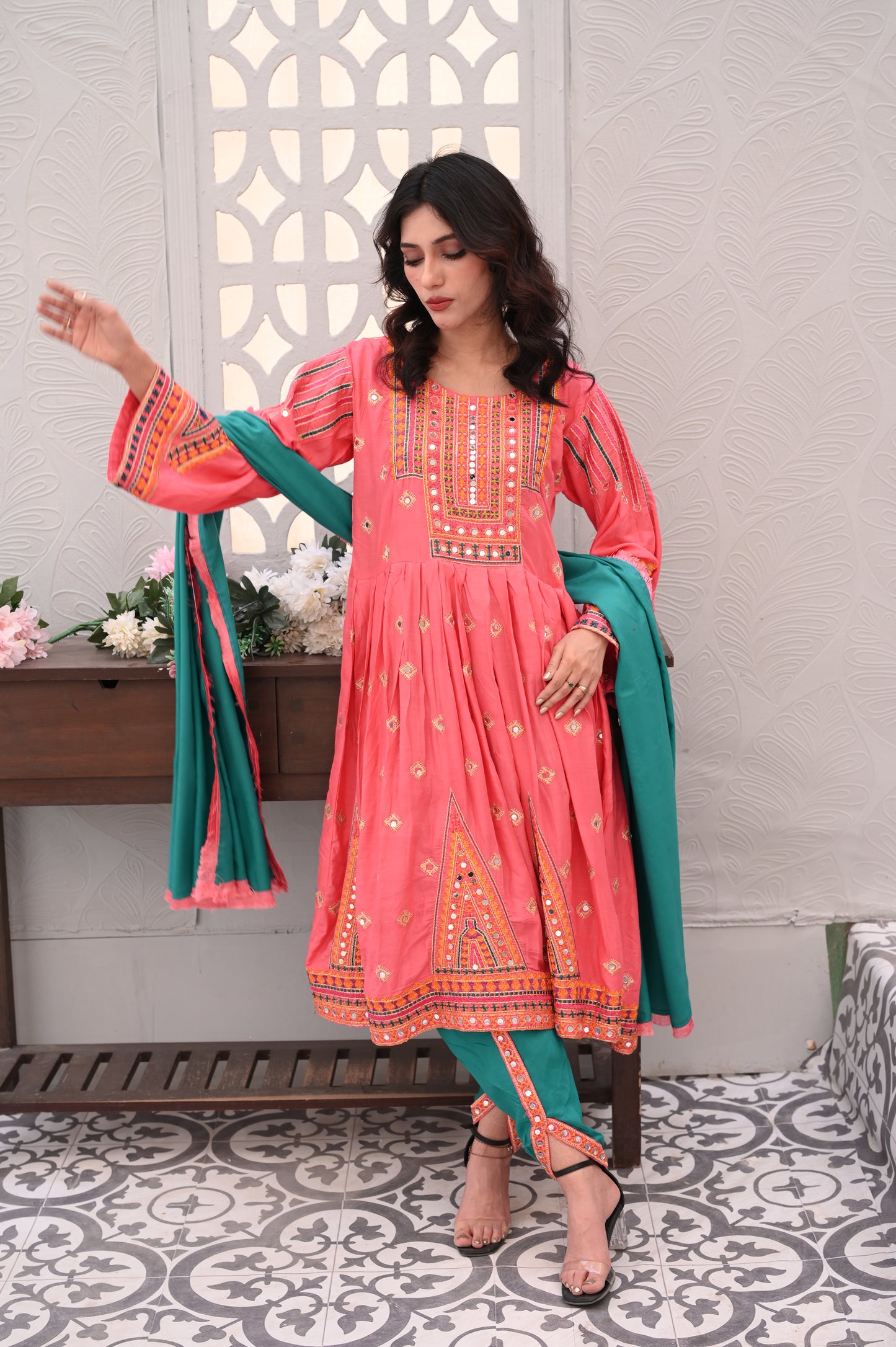 3-Piece Anarkali Set in Pink – Ready to Wear With Machine Embroidery