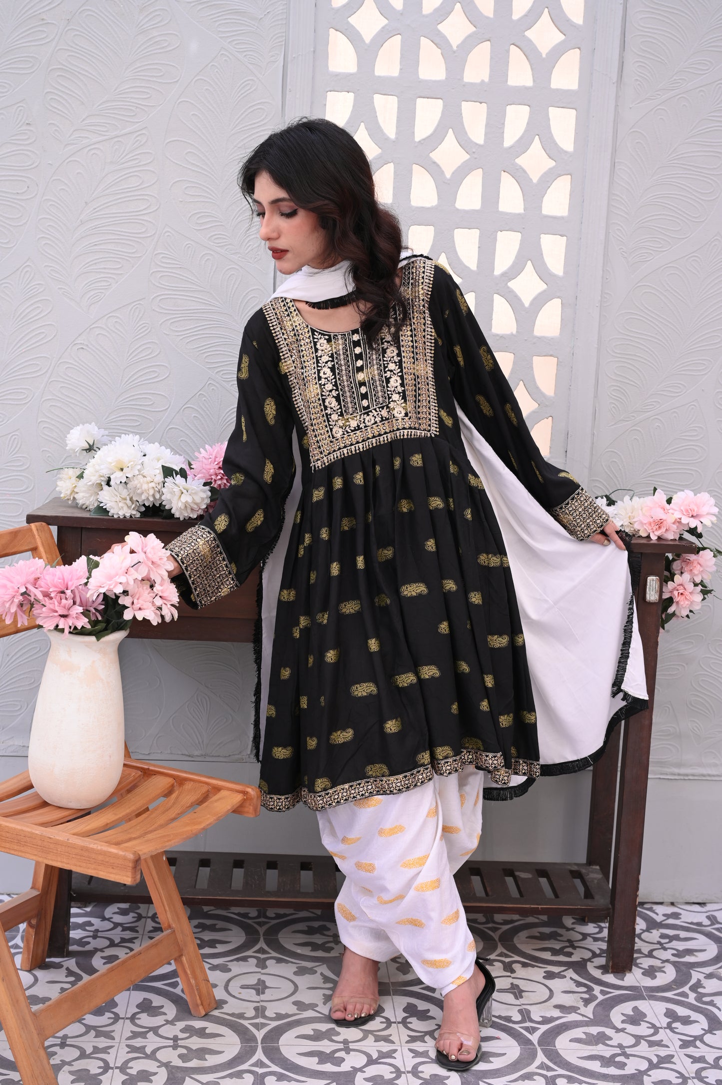 3-PC Embroidered Black & White Printed Dhanak Dress Ready to Wear With Machine Embroidery