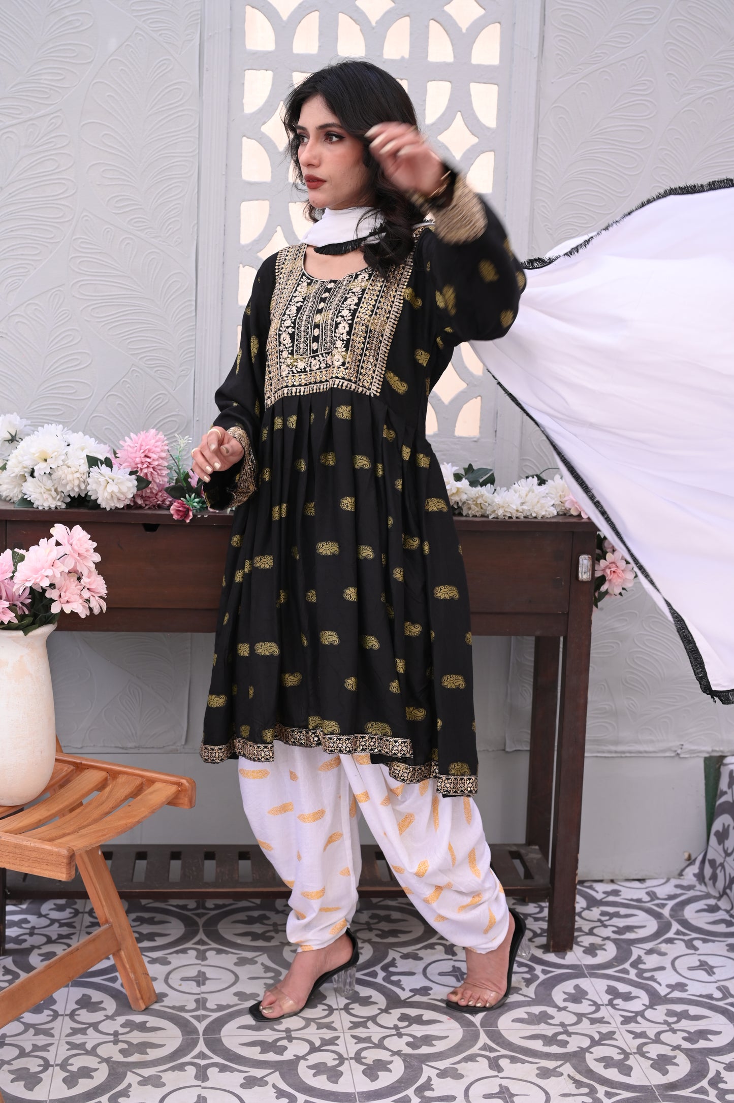 3-PC Embroidered Black & White Printed Dhanak Dress Ready to Wear With Machine Embroidery