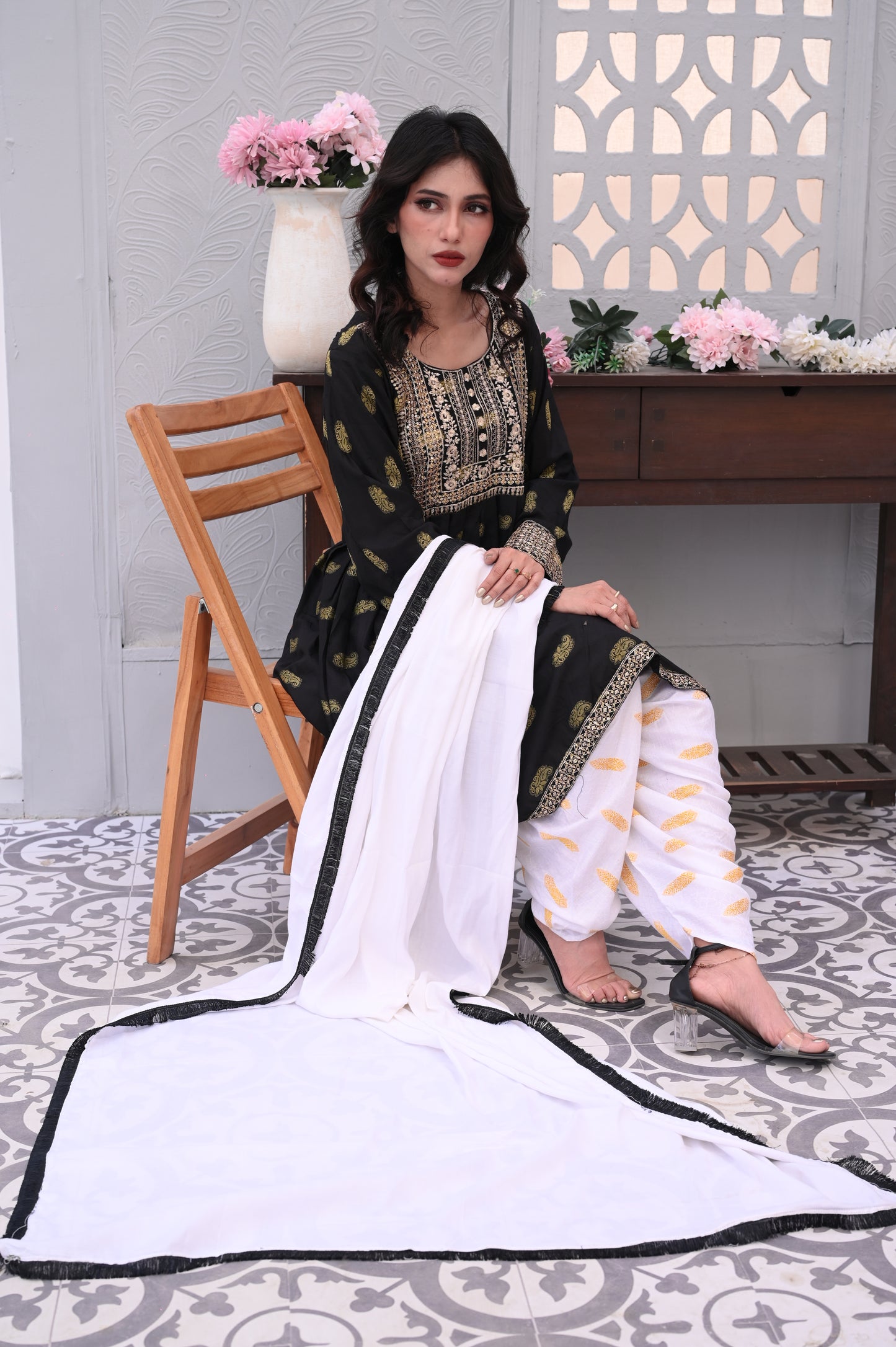 3-PC Embroidered Black & White Printed Dhanak Dress Ready to Wear With Machine Embroidery