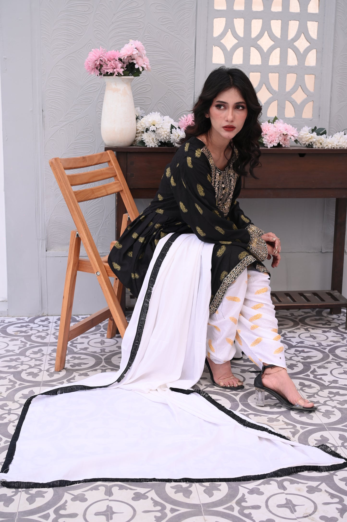 3-PC Embroidered Black & White Printed Dhanak Dress Ready to Wear With Machine Embroidery