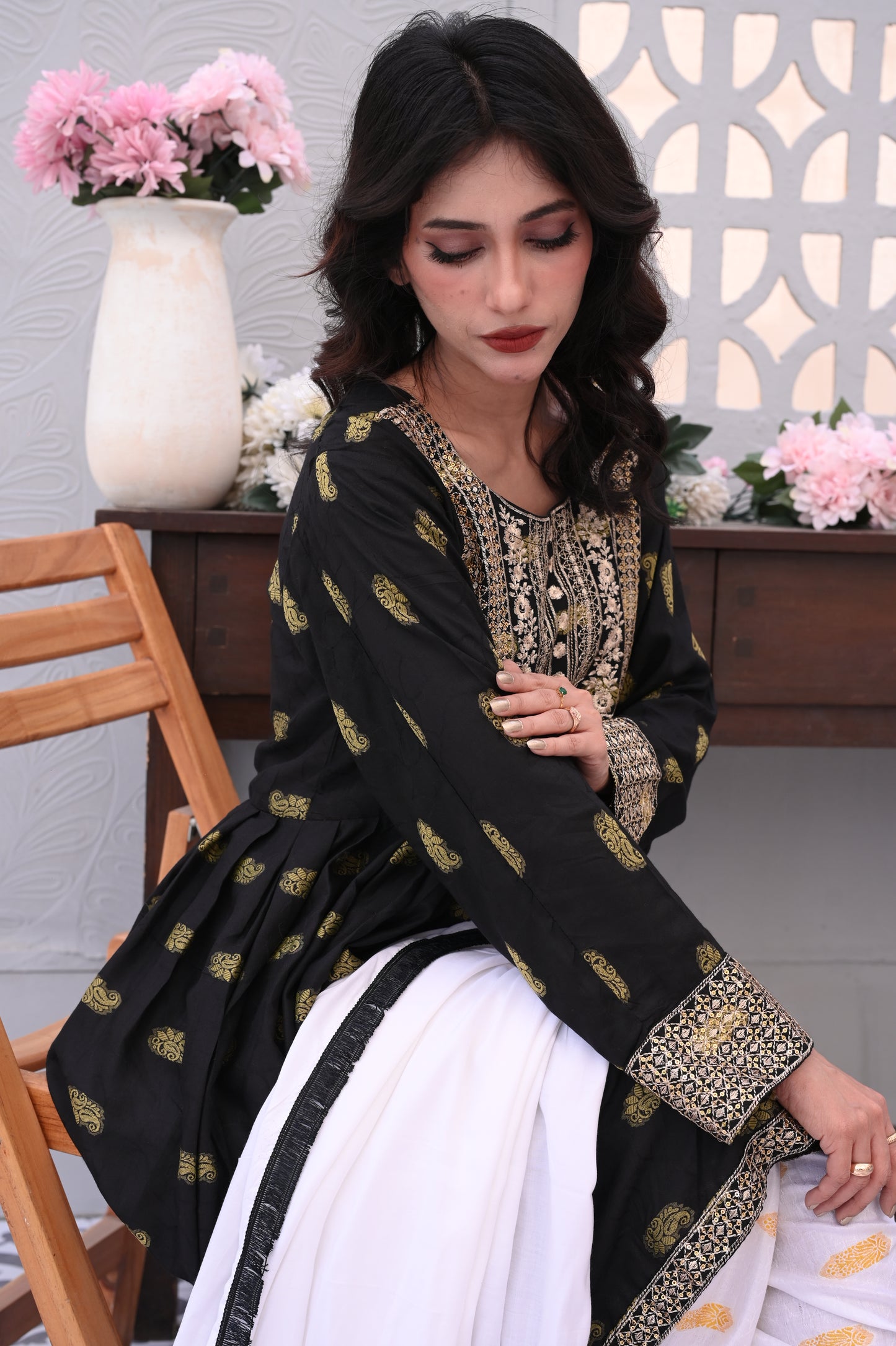3-PC Embroidered Black & White Printed Dhanak Dress Ready to Wear With Machine Embroidery