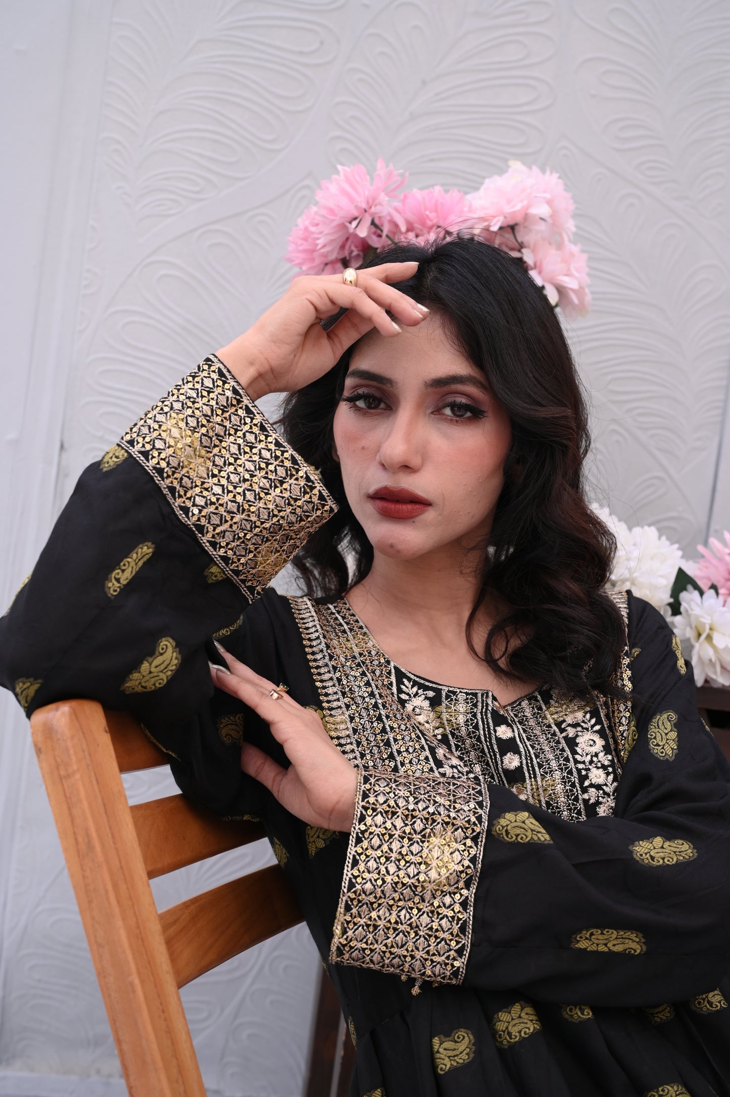 3-PC Embroidered Black & White Printed Dhanak Dress Ready to Wear With Machine Embroidery