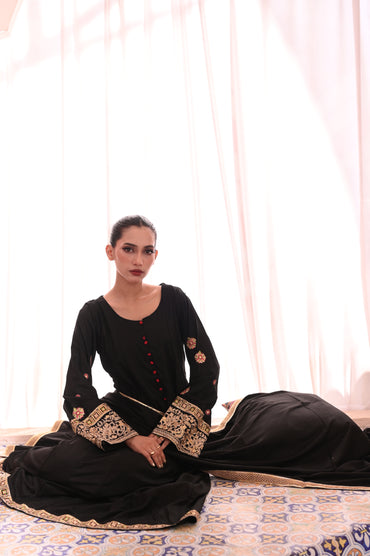 3PC Black Flared Dhanak Suit with Embroidered Sleeves & Chiffon Dupatta Ready to Wear With Machine Embroidery