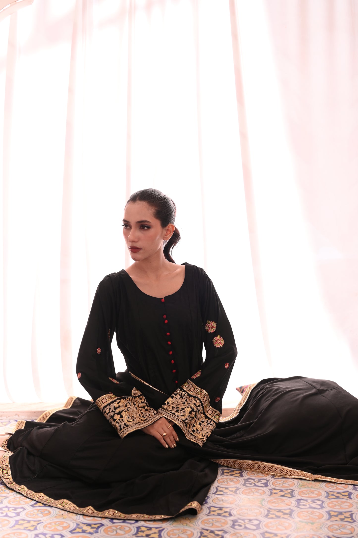 3PC Black Flared Dhanak Suit with Embroidered Sleeves & Chiffon Dupatta Ready to Wear With Machine Embroidery