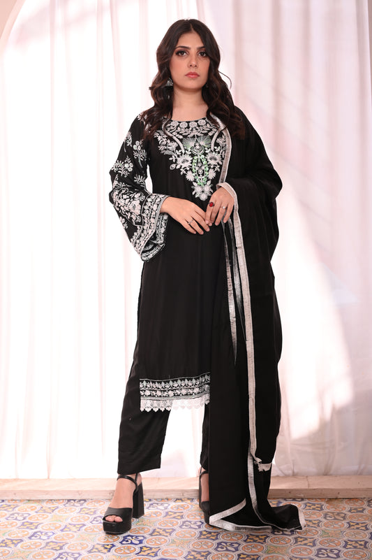 3-PC Stitched Black Suit With White Embroidered Dhanak Suit Ready to Wear With Machine Embroidery