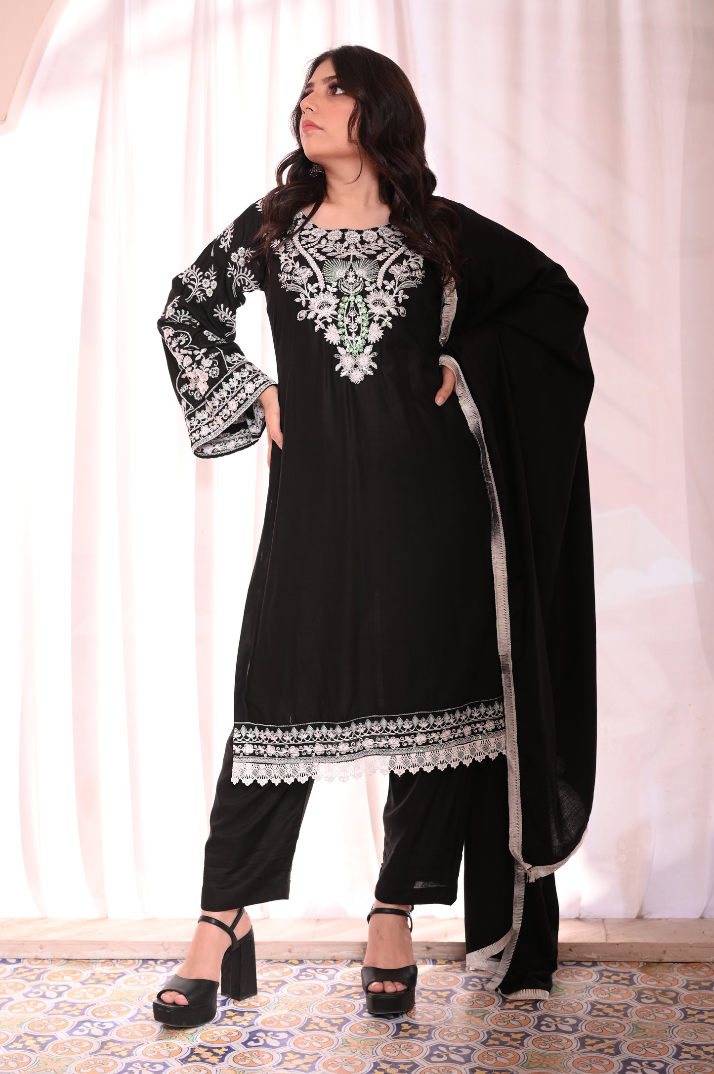 3-PC Stitched Black Suit With White Embroidered Dhanak Suit Ready to Wear With Machine Embroidery