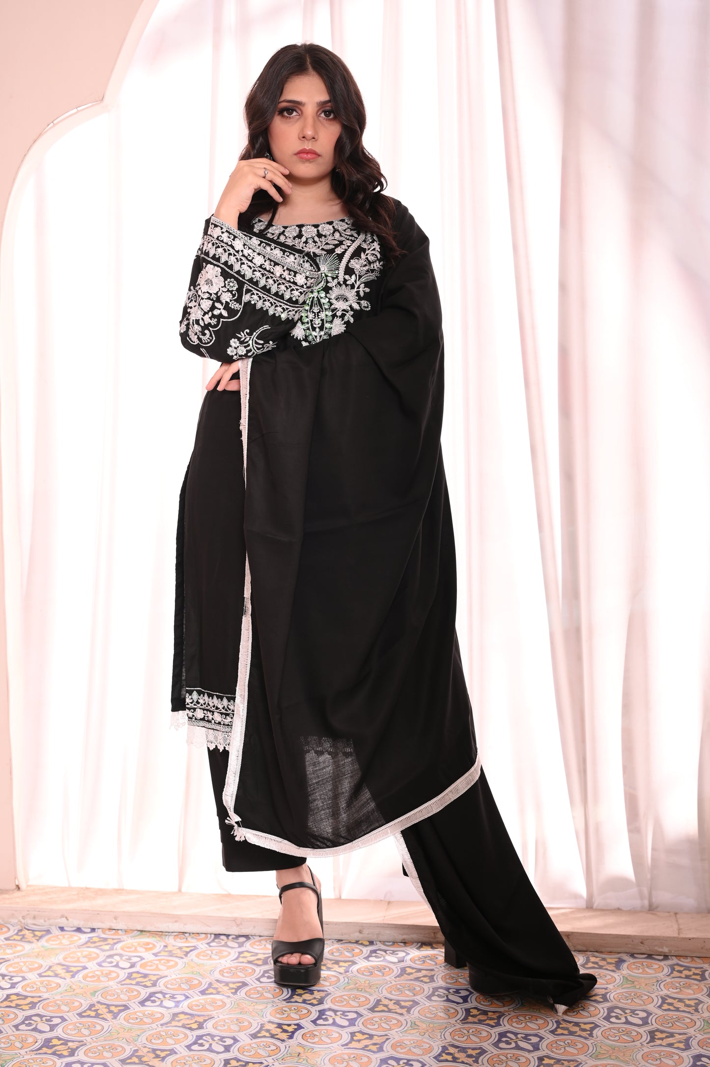 3-PC Stitched Black Suit With White Embroidered Dhanak Suit Ready to Wear With Machine Embroidery