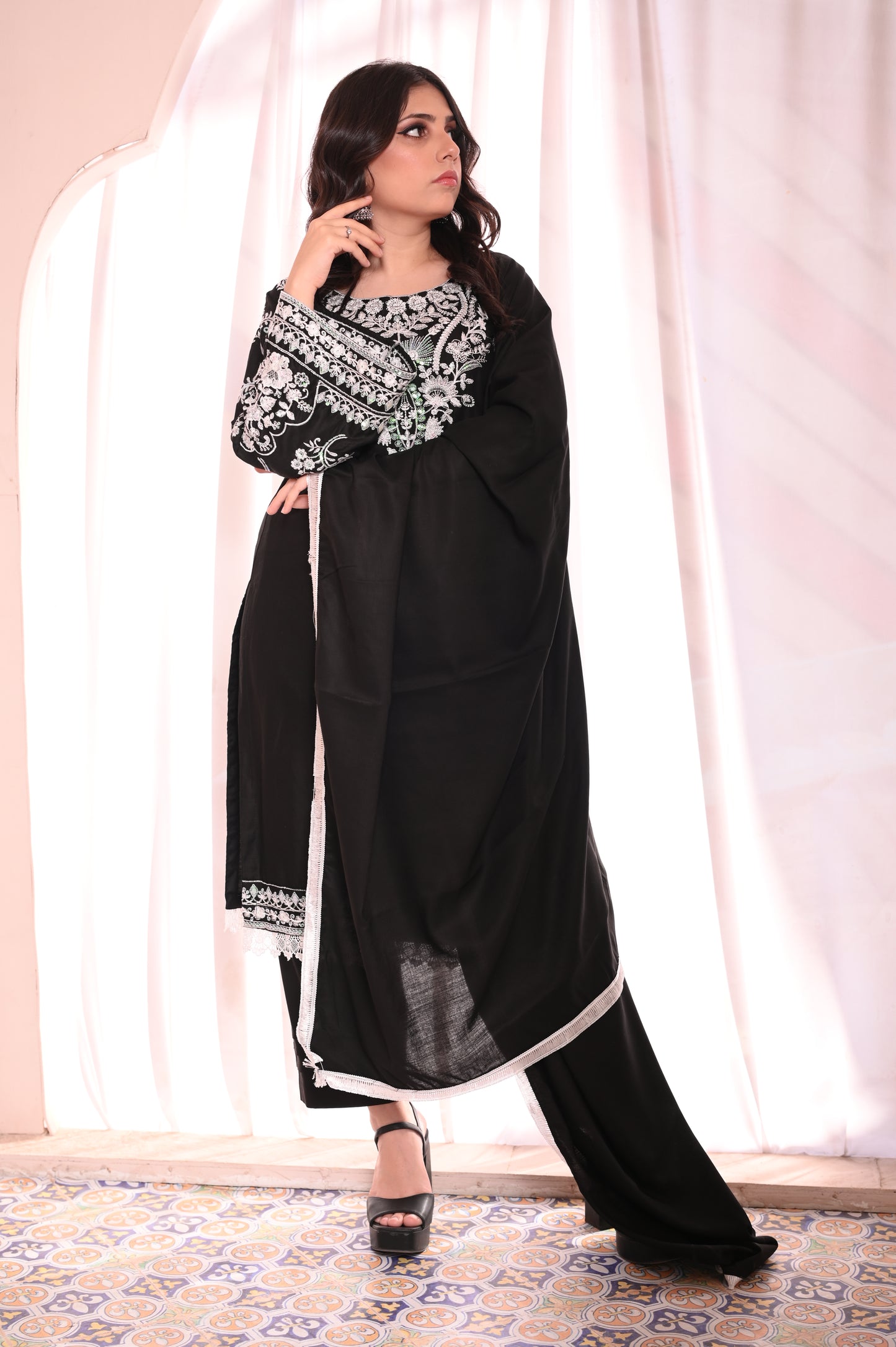3-PC Stitched Black Suit With White Embroidered Dhanak Suit Ready to Wear With Machine Embroidery