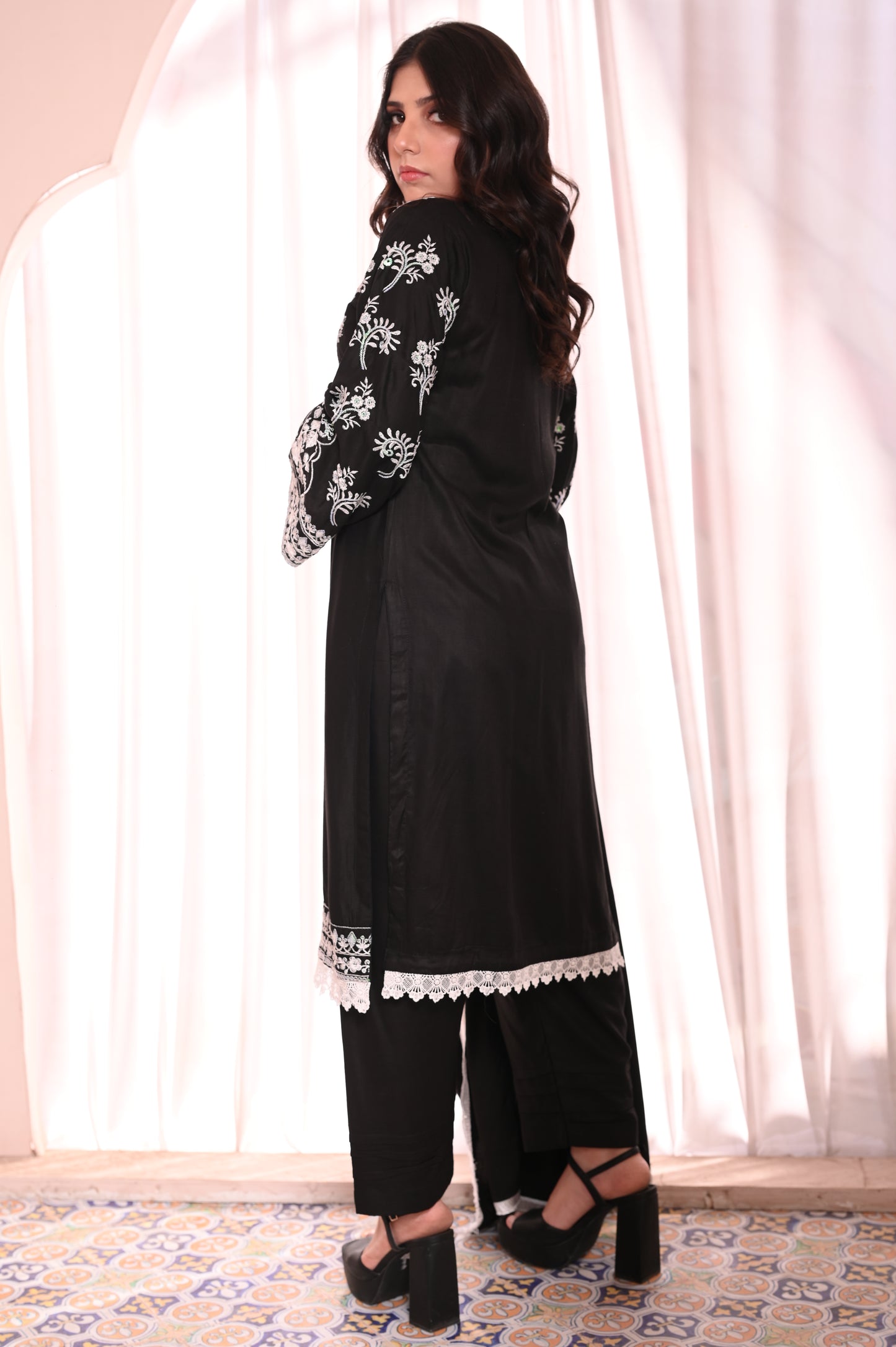3-PC Stitched Black Suit With White Embroidered Dhanak Suit Ready to Wear With Machine Embroidery