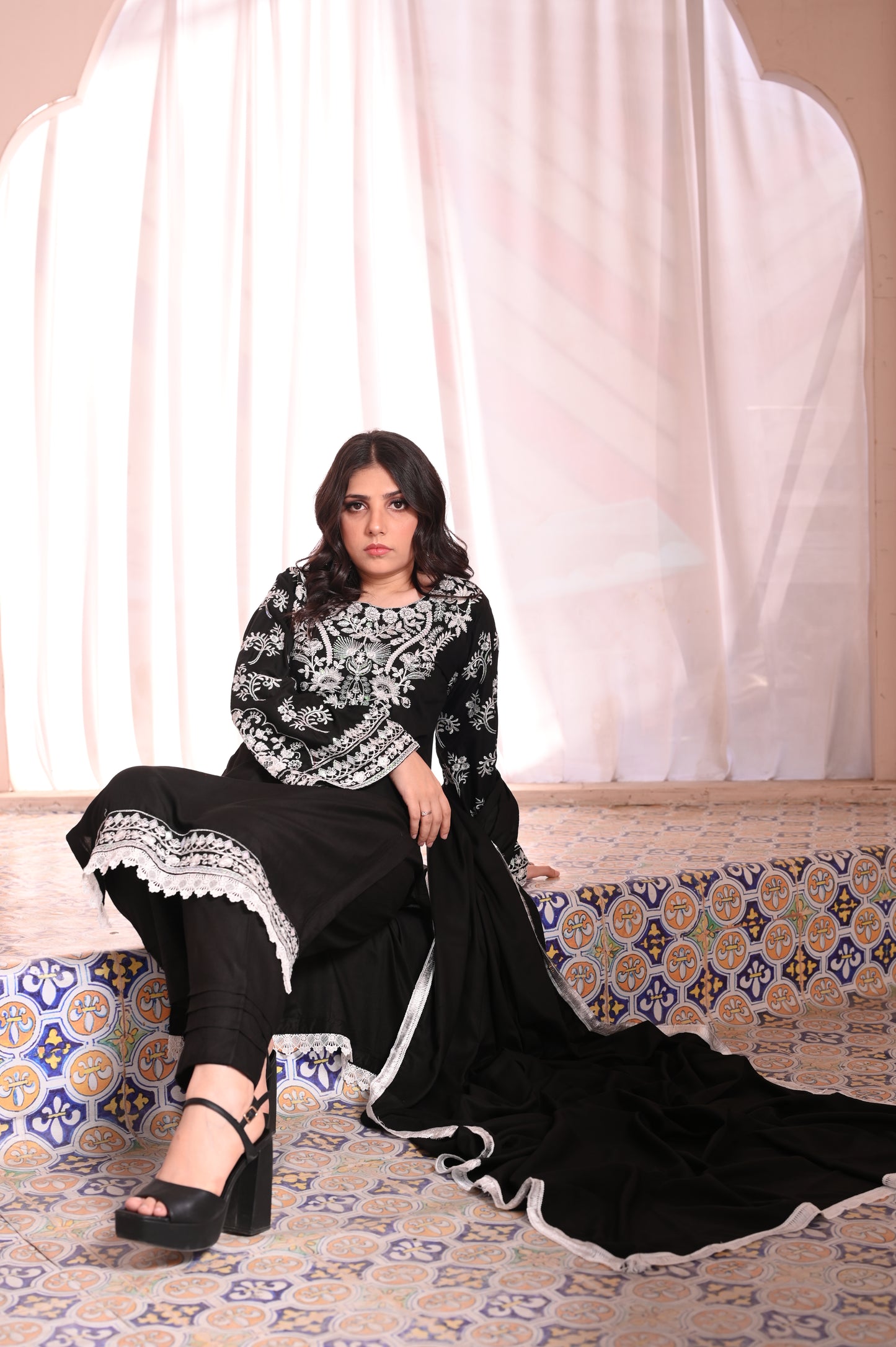 3-PC Stitched Black Suit With White Embroidered Dhanak Suit Ready to Wear With Machine Embroidery
