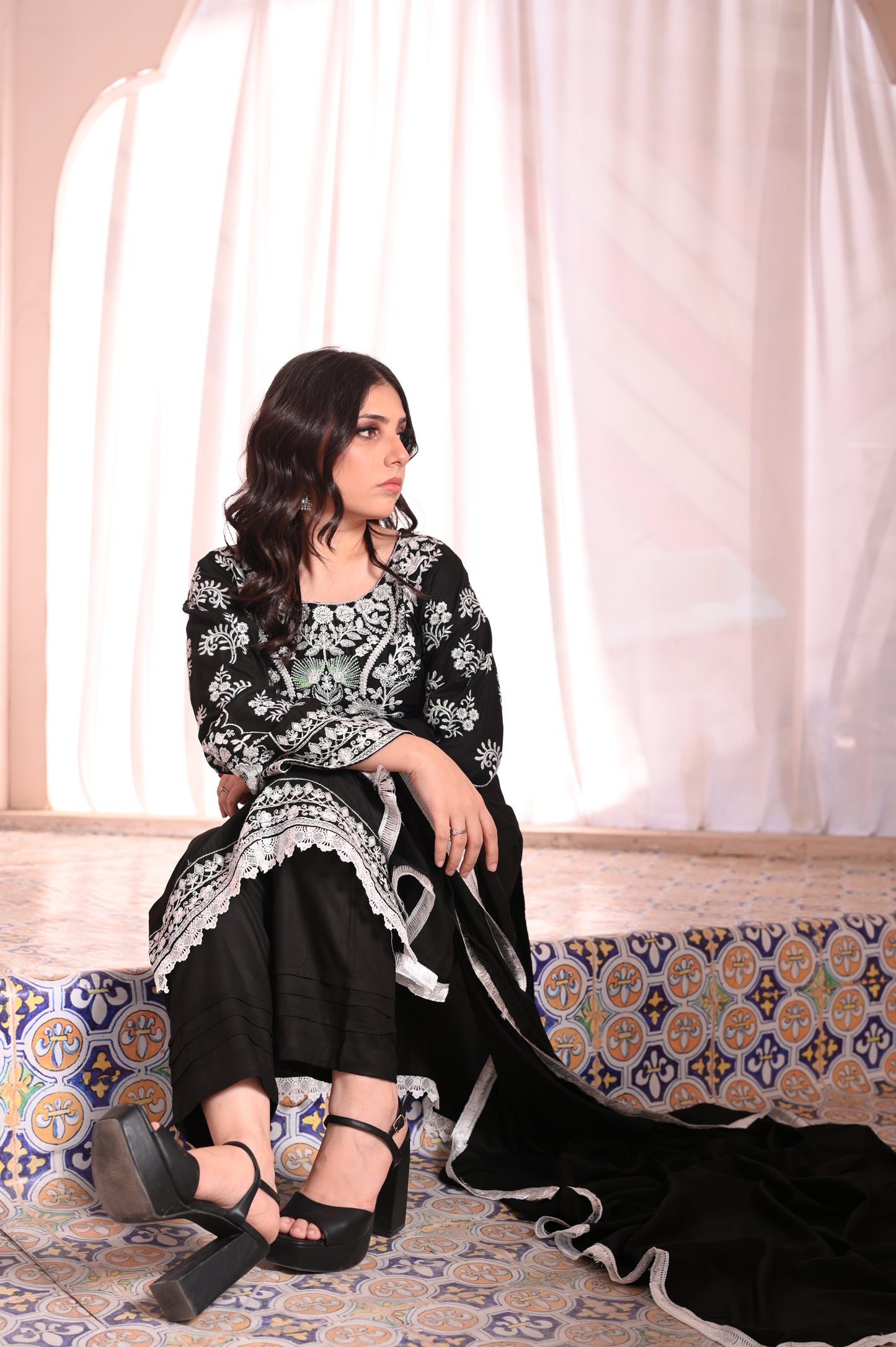 3-PC Stitched Black Suit With White Embroidered Dhanak Suit Ready to Wear With Machine Embroidery