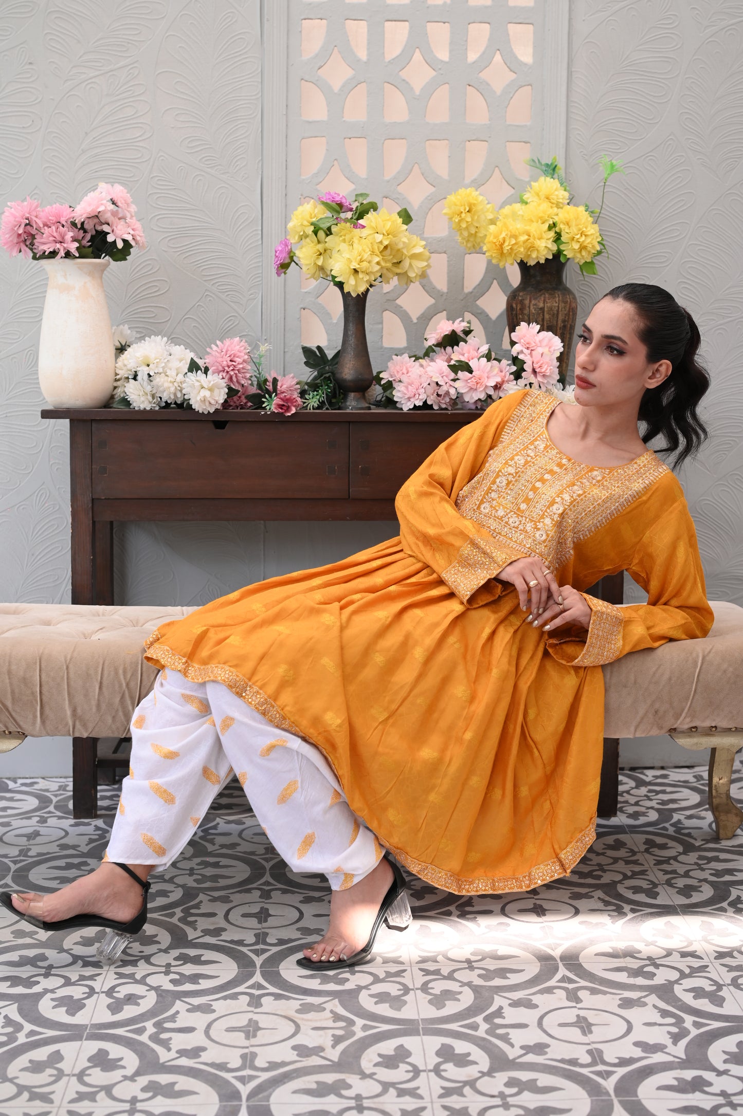 3-PC Embroidered Mustard Yellow & White Printed Lawn Dress Ready to Wear With Machine Embroidery