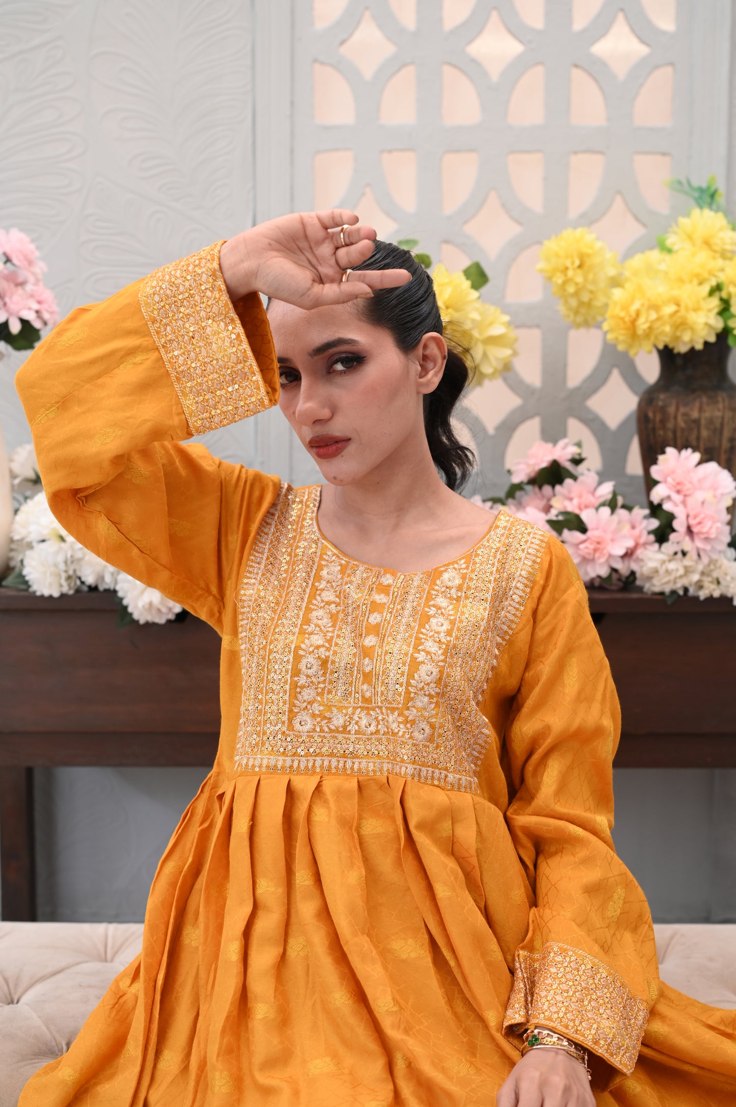 3-PC Embroidered Mustard Yellow & White Printed Lawn Dress Ready to Wear With Machine Embroidery