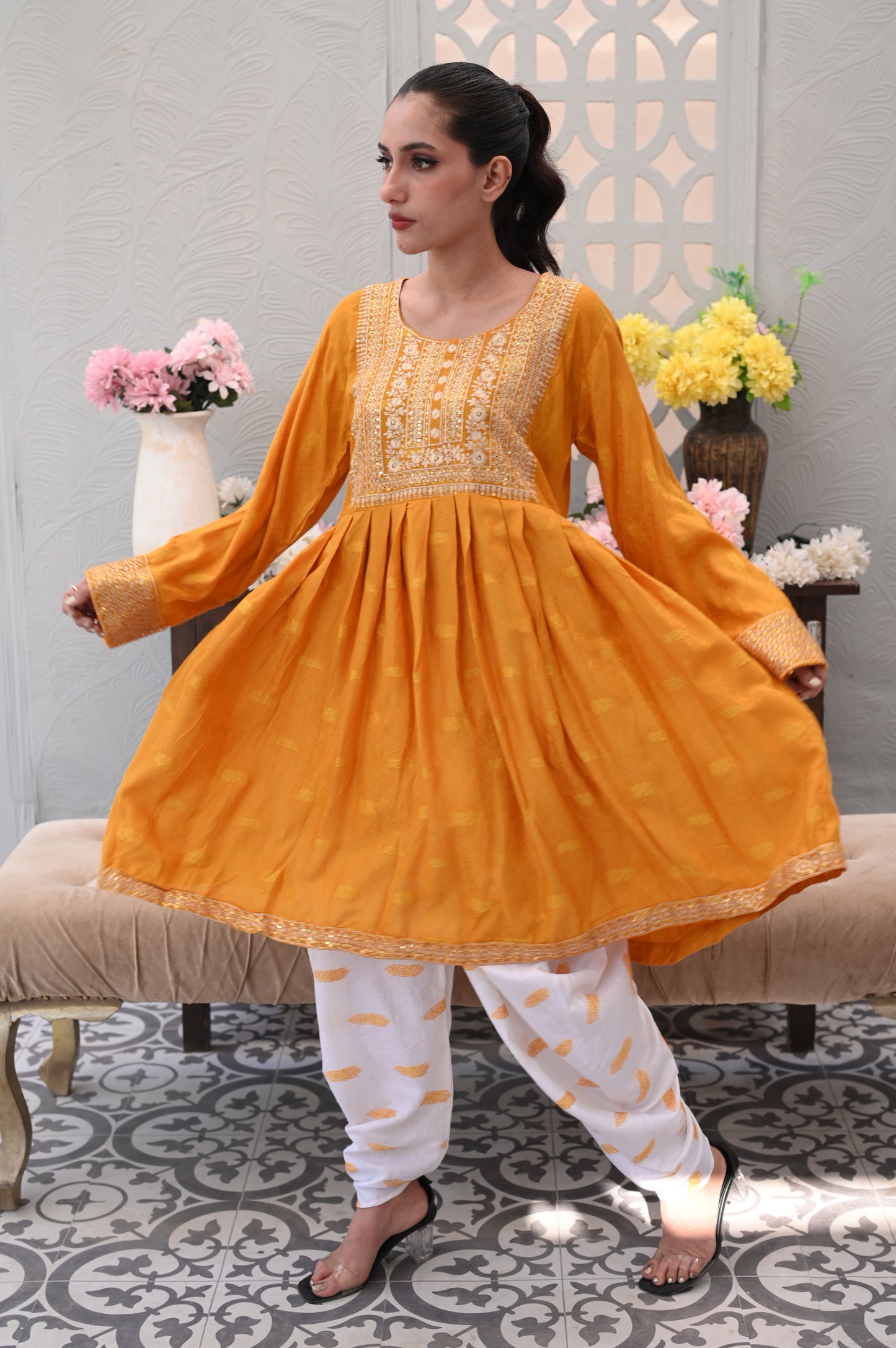 3-PC Embroidered Mustard Yellow & White Printed Lawn Dress Ready to Wear With Machine Embroidery