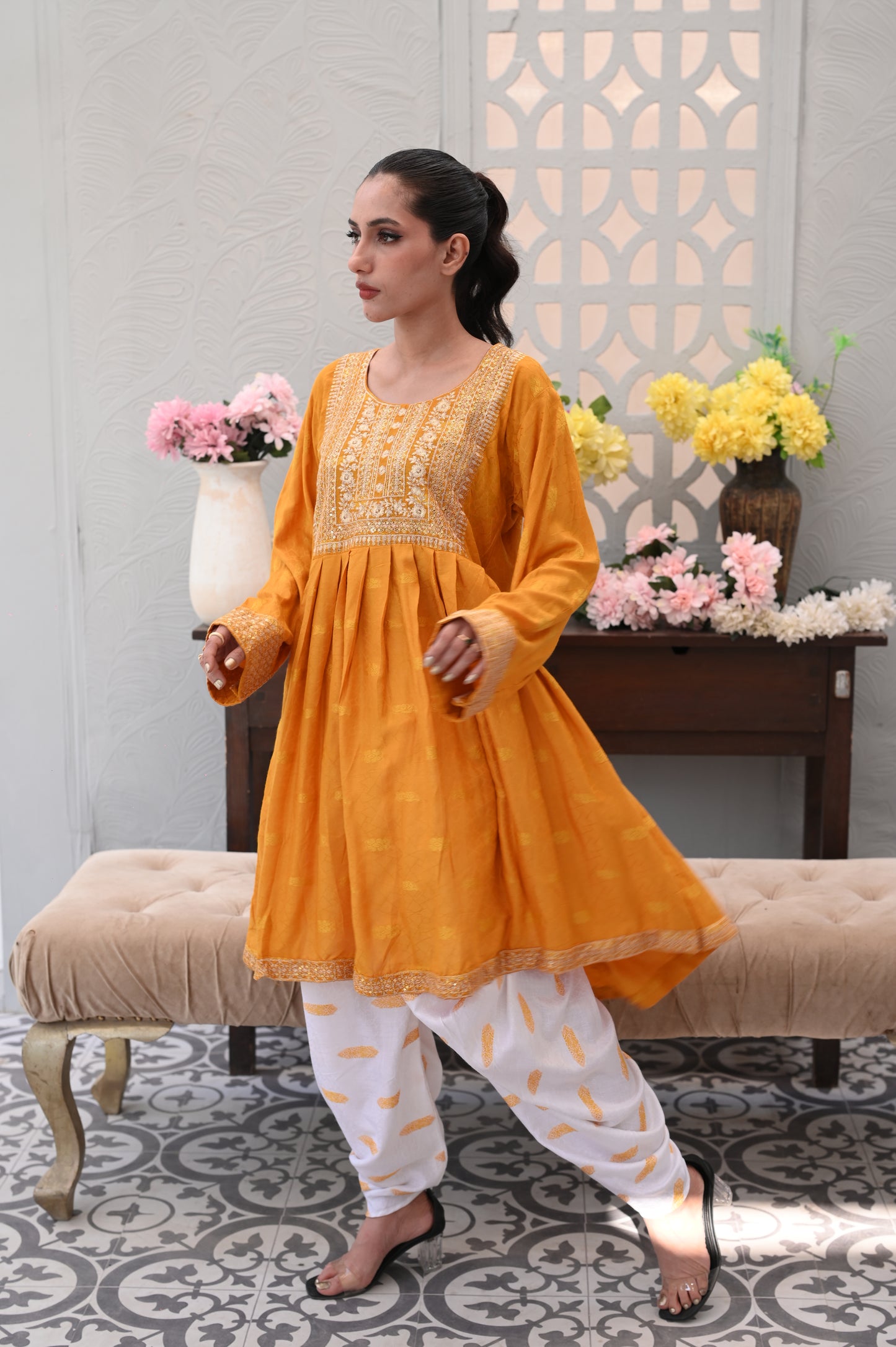 3-PC Embroidered Mustard Yellow & White Printed Lawn Dress Ready to Wear With Machine Embroidery