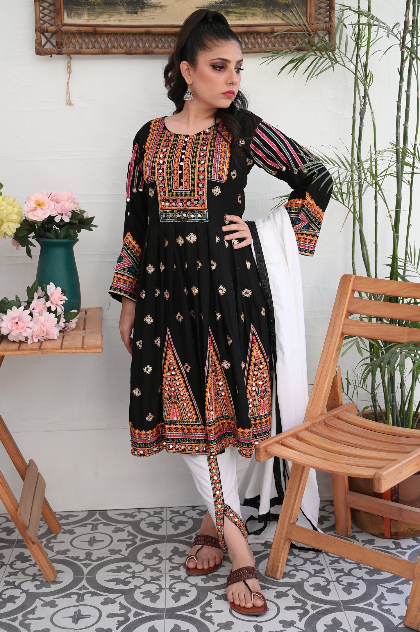 3-Piece Anarkali Set in Black – Mirror & Embroidered Work Ready to Wear With Machine Embroidery