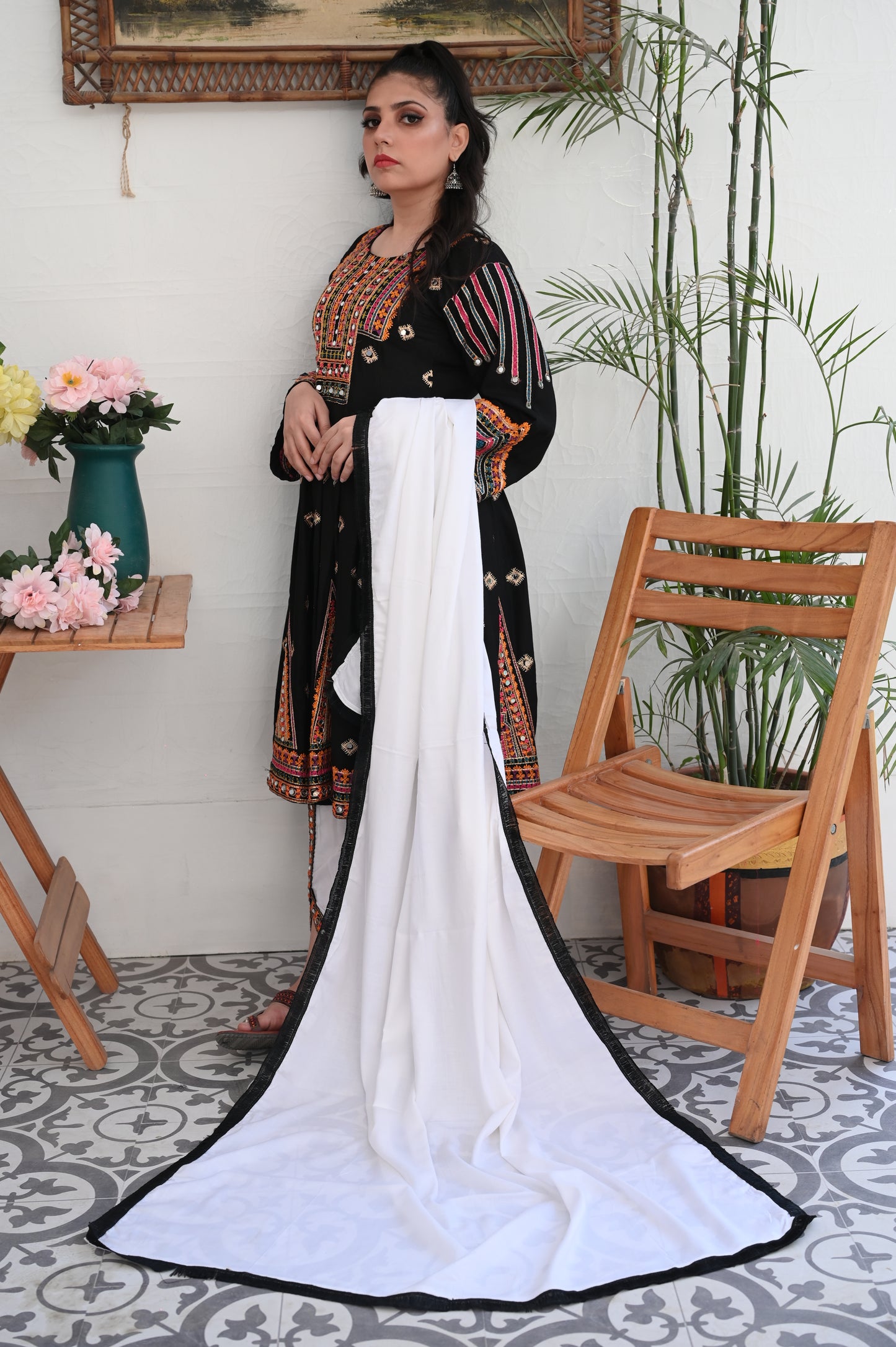 3-Piece Anarkali Set in Black – Mirror & Embroidered Work Ready to Wear With Machine Embroidery