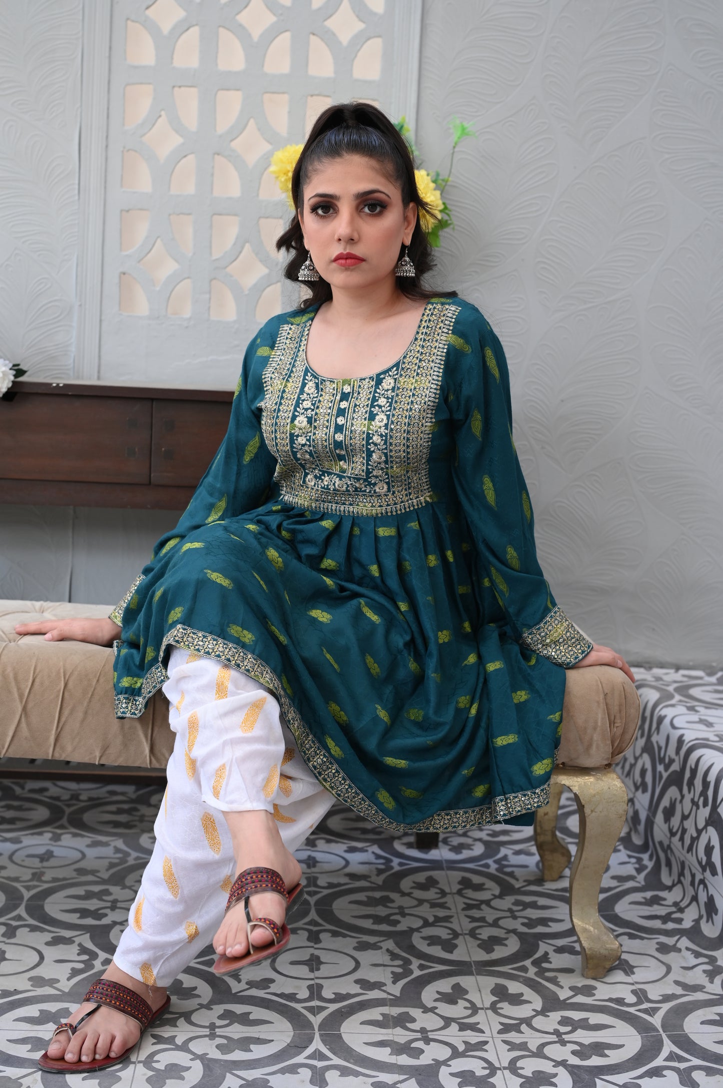 3-PC Embroidered Teal Green Dhanak Dress with White Printed Shalwar Ready to Wear With Machine Embroidery