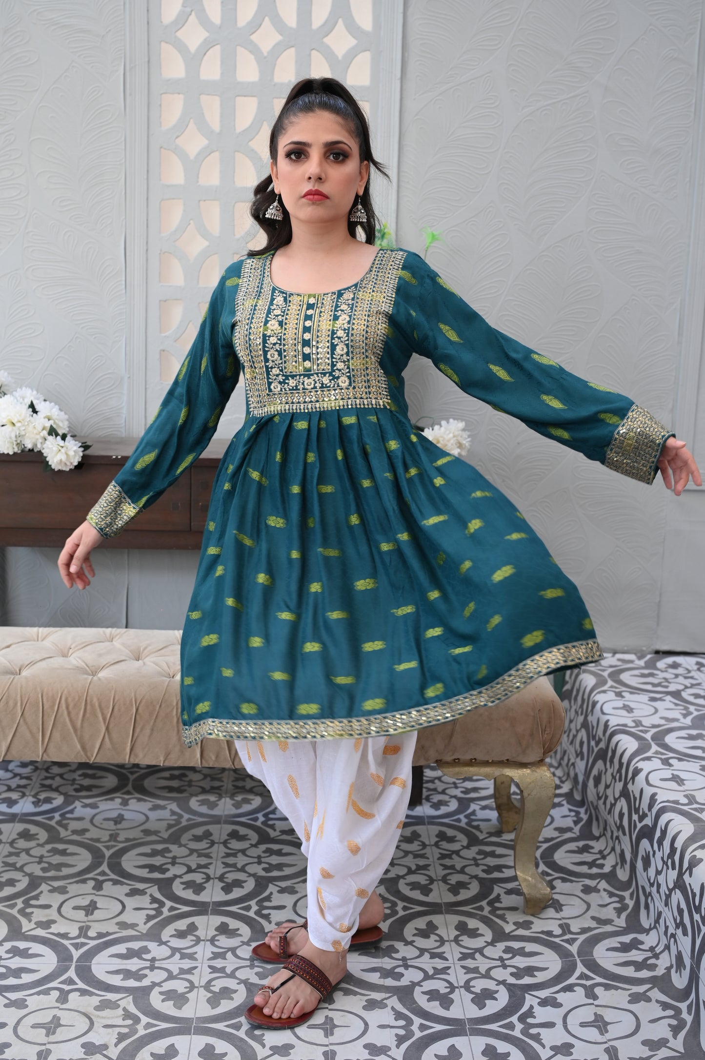 3-PC Embroidered Teal Green Dhanak Dress with White Printed Shalwar Ready to Wear With Machine Embroidery