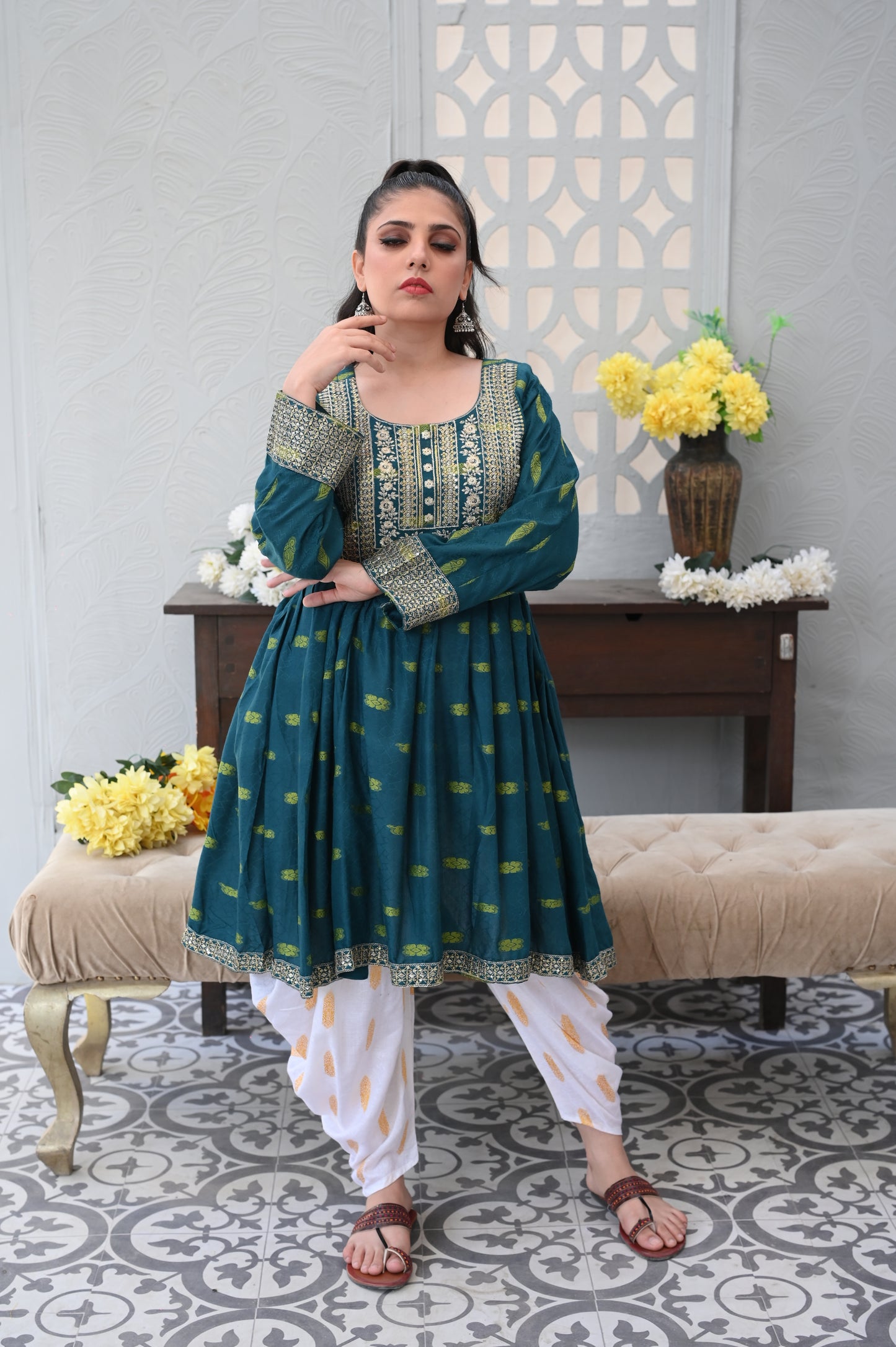 3-PC Embroidered Teal Green Dhanak Dress with White Printed Shalwar Ready to Wear With Machine Embroidery