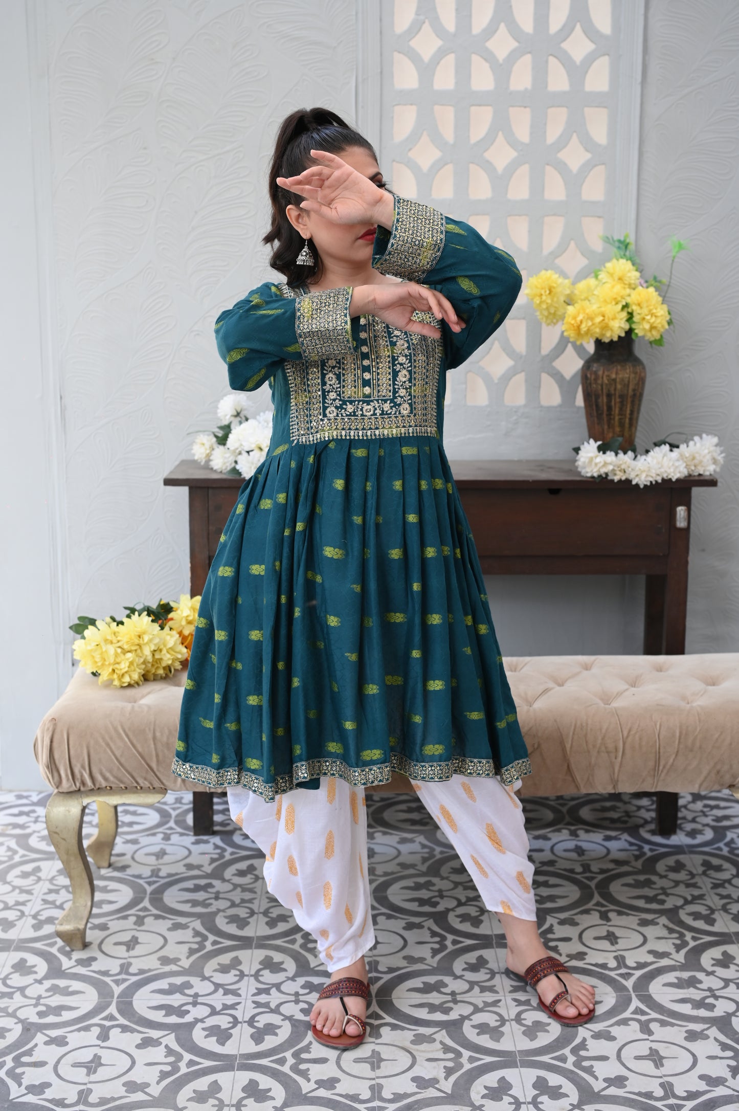 3-PC Embroidered Teal Green Dhanak Dress with White Printed Shalwar Ready to Wear With Machine Embroidery
