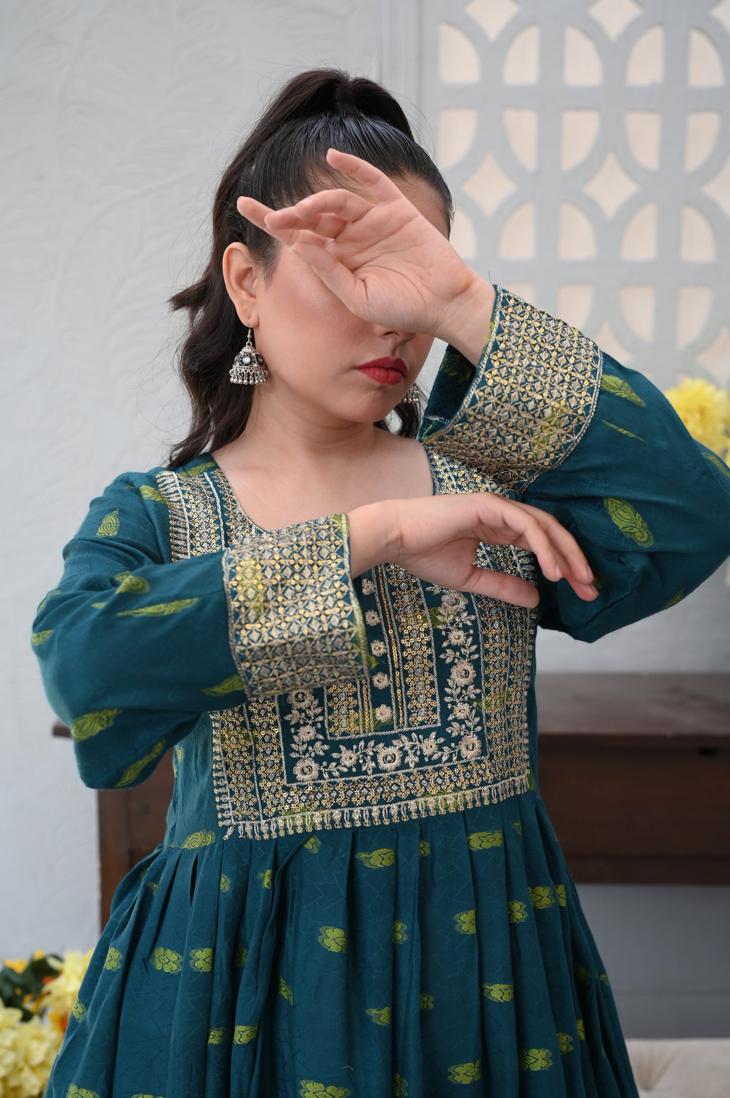 3-PC Embroidered Teal Green Dhanak Dress with White Printed Shalwar Ready to Wear With Machine Embroidery