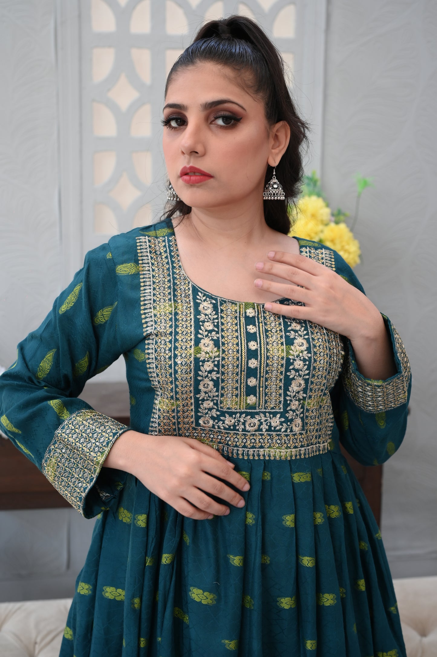3-PC Embroidered Teal Green Dhanak Dress with White Printed Shalwar Ready to Wear With Machine Embroidery