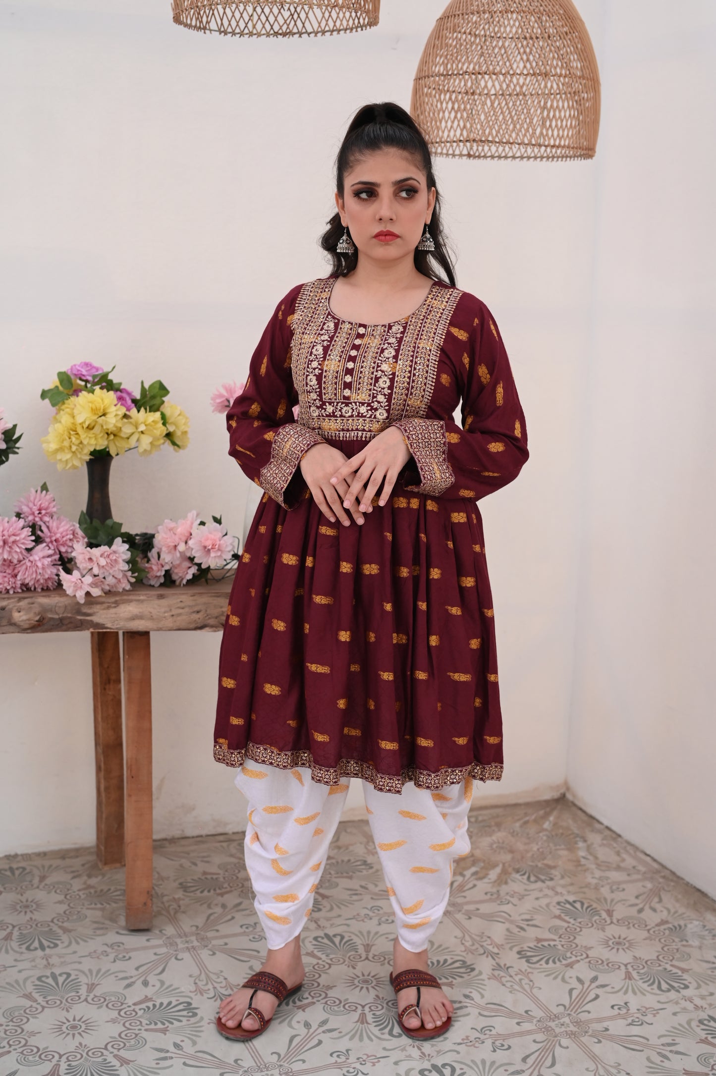 3-PC Embroidered Maroon & White Printed Dhanak Dress Ready to Wear With Machine Embroidery