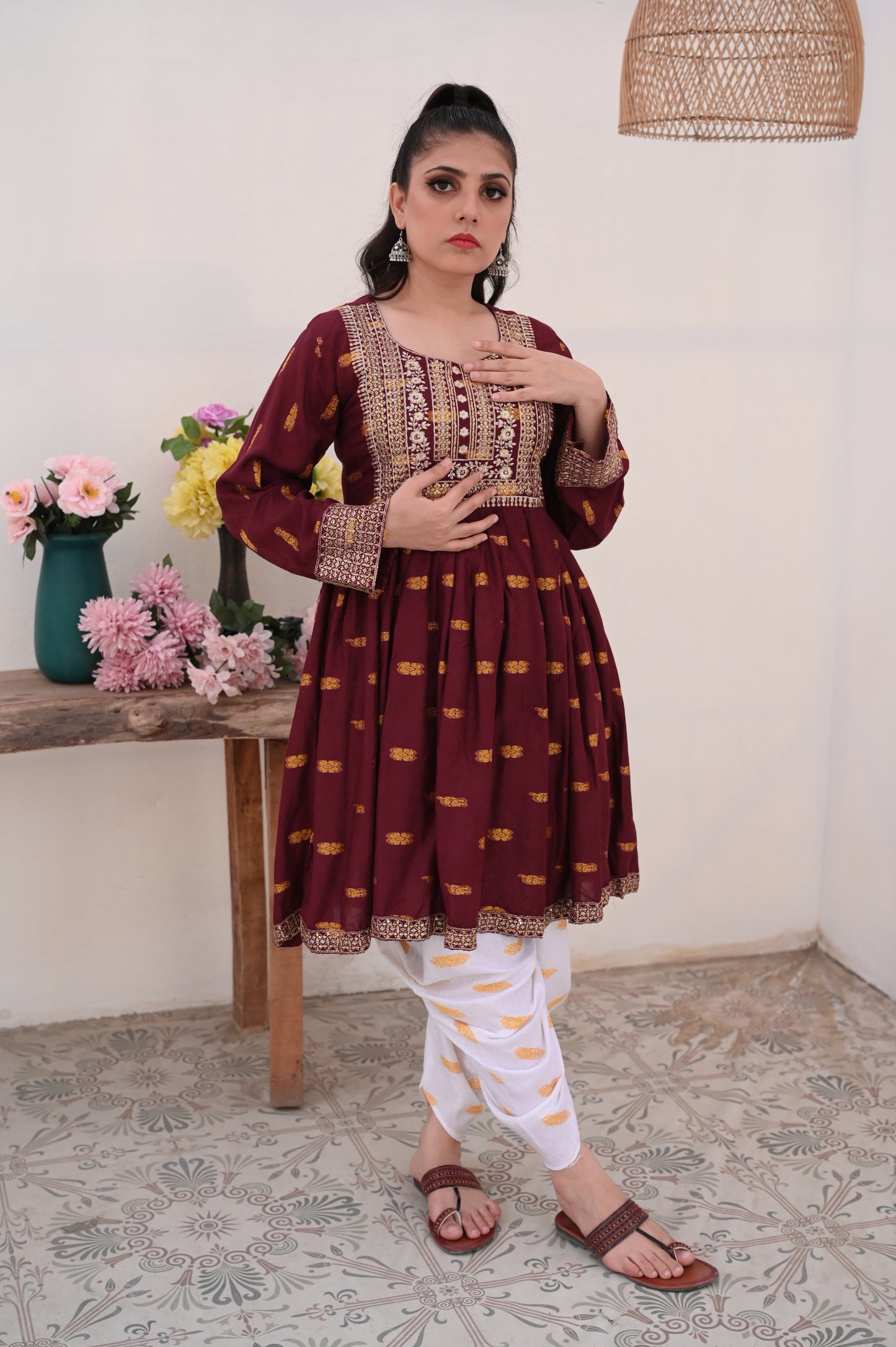 3-PC Embroidered Maroon & White Printed Dhanak Dress Ready to Wear With Machine Embroidery