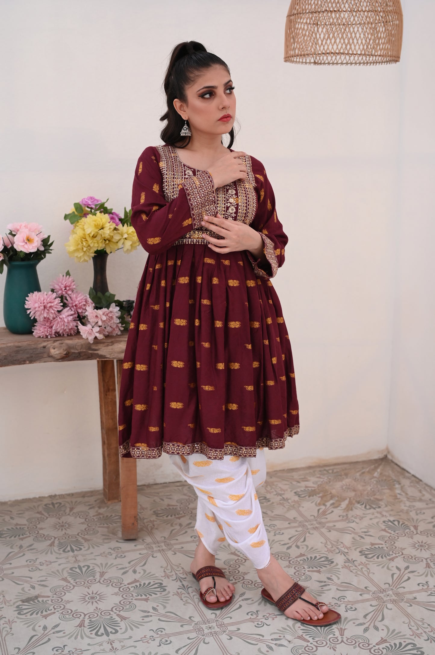 3-PC Embroidered Maroon & White Printed Dhanak Dress Ready to Wear With Machine Embroidery