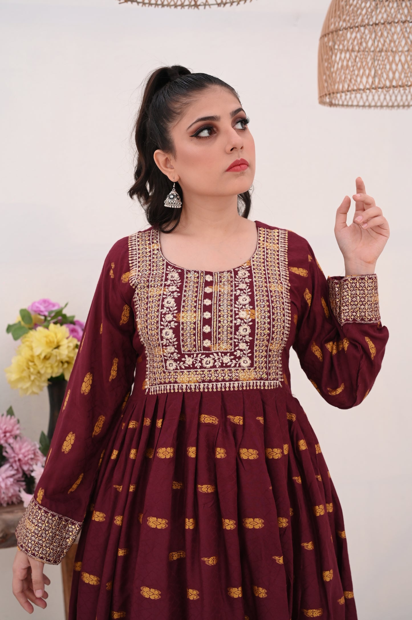 3-PC Embroidered Maroon & White Printed Dhanak Dress Ready to Wear With Machine Embroidery