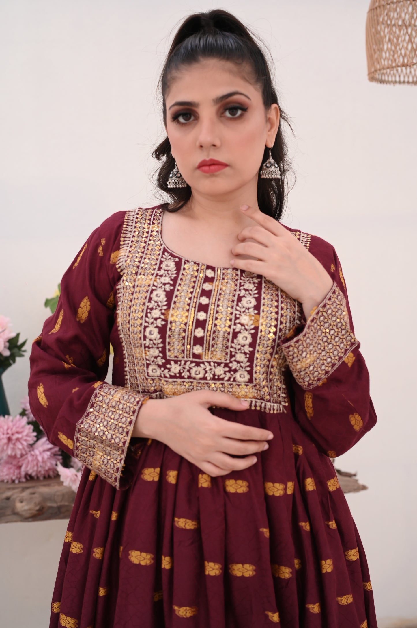 3-PC Embroidered Maroon & White Printed Dhanak Dress Ready to Wear With Machine Embroidery