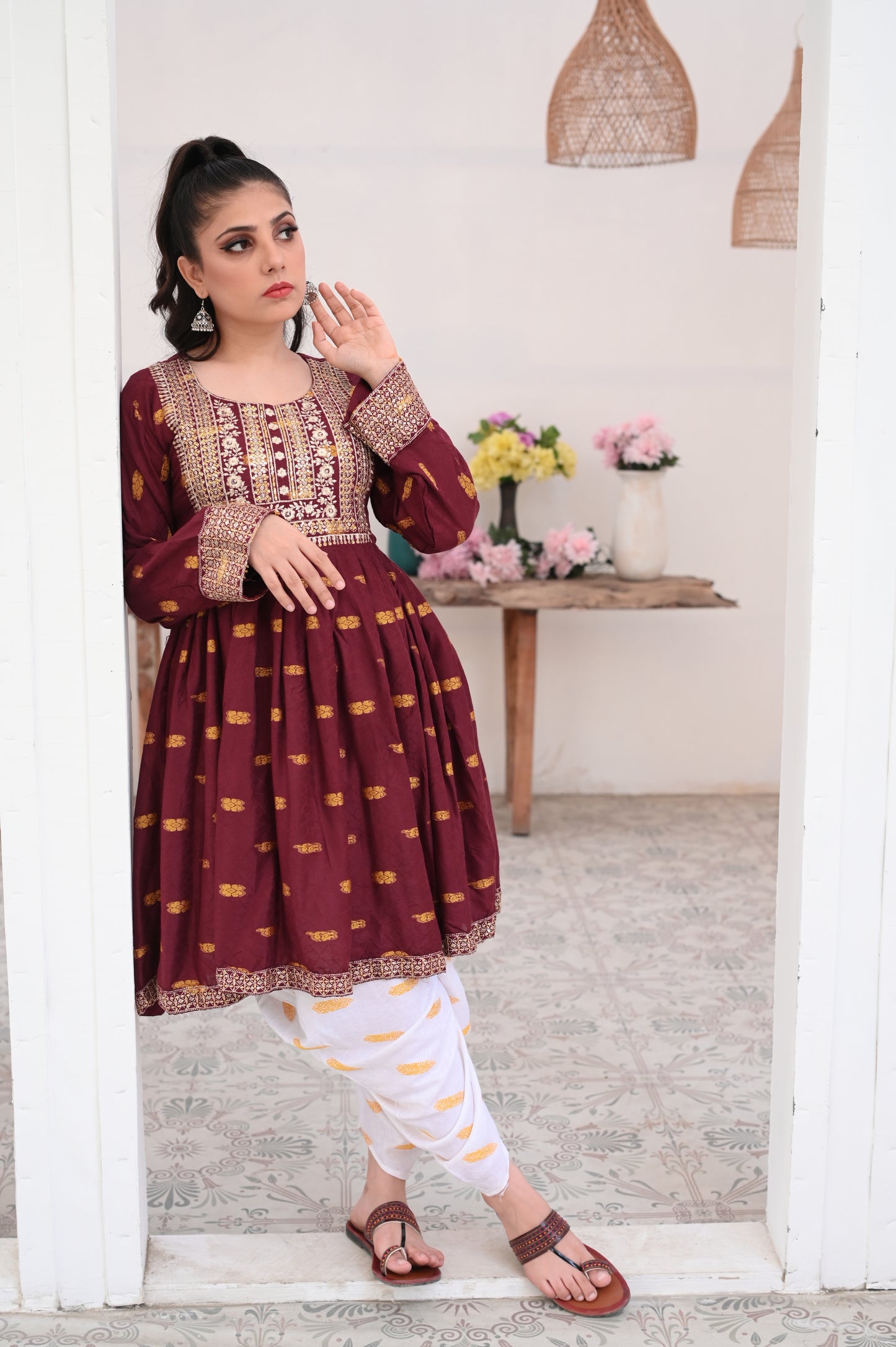 3-PC Embroidered Maroon & White Printed Dhanak Dress Ready to Wear With Machine Embroidery