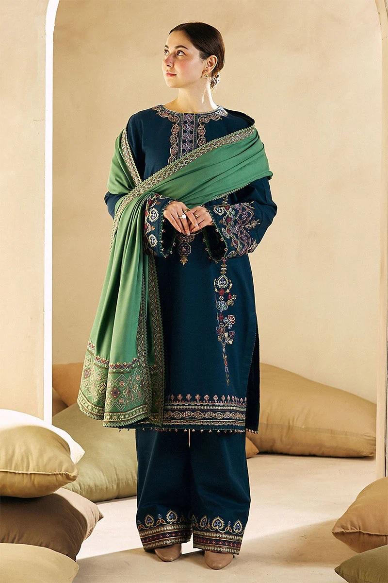 Designer Dress - 3 PC Lawn Suit Set Ready to Wear With Machine Embroidery (BLUE)