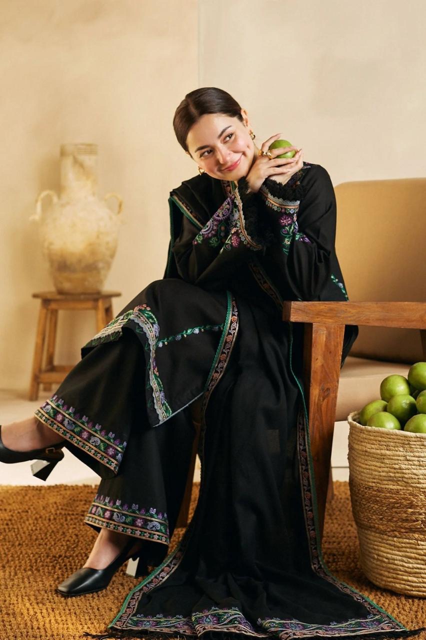 Designer Dress - 3 PC Lawn Suit Set Ready to Wear With Machine Embroidery (BLACK)