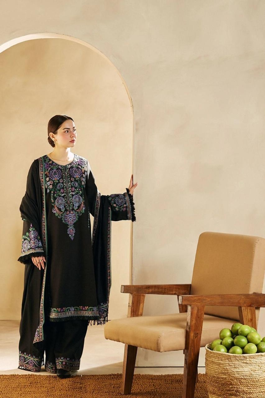 Designer Dress - 3 PC Lawn Suit Set Ready to Wear With Machine Embroidery (BLACK)