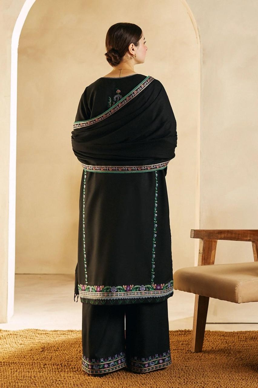 Designer Dress - 3 PC Lawn Suit Set Ready to Wear With Machine Embroidery (BLACK)